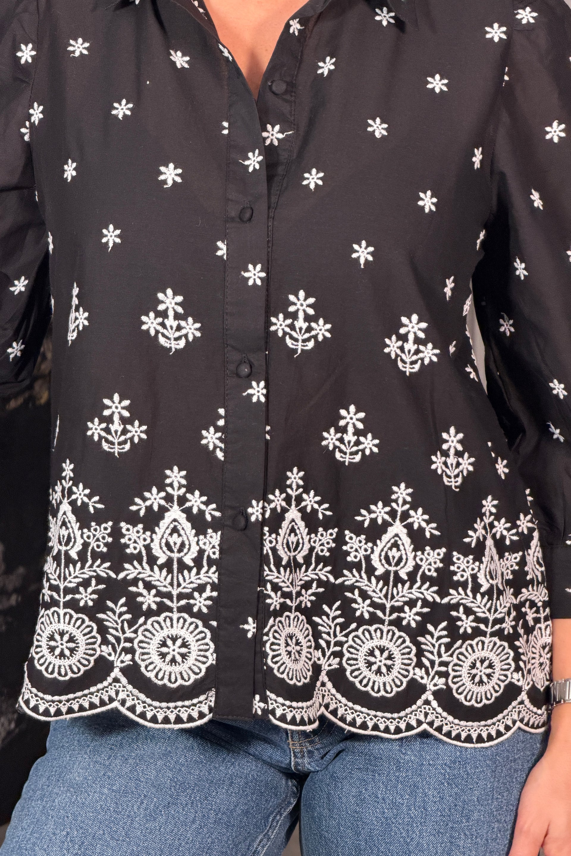 Stacy Black and White Embroidery Puff Sleeve Cotton Shirt