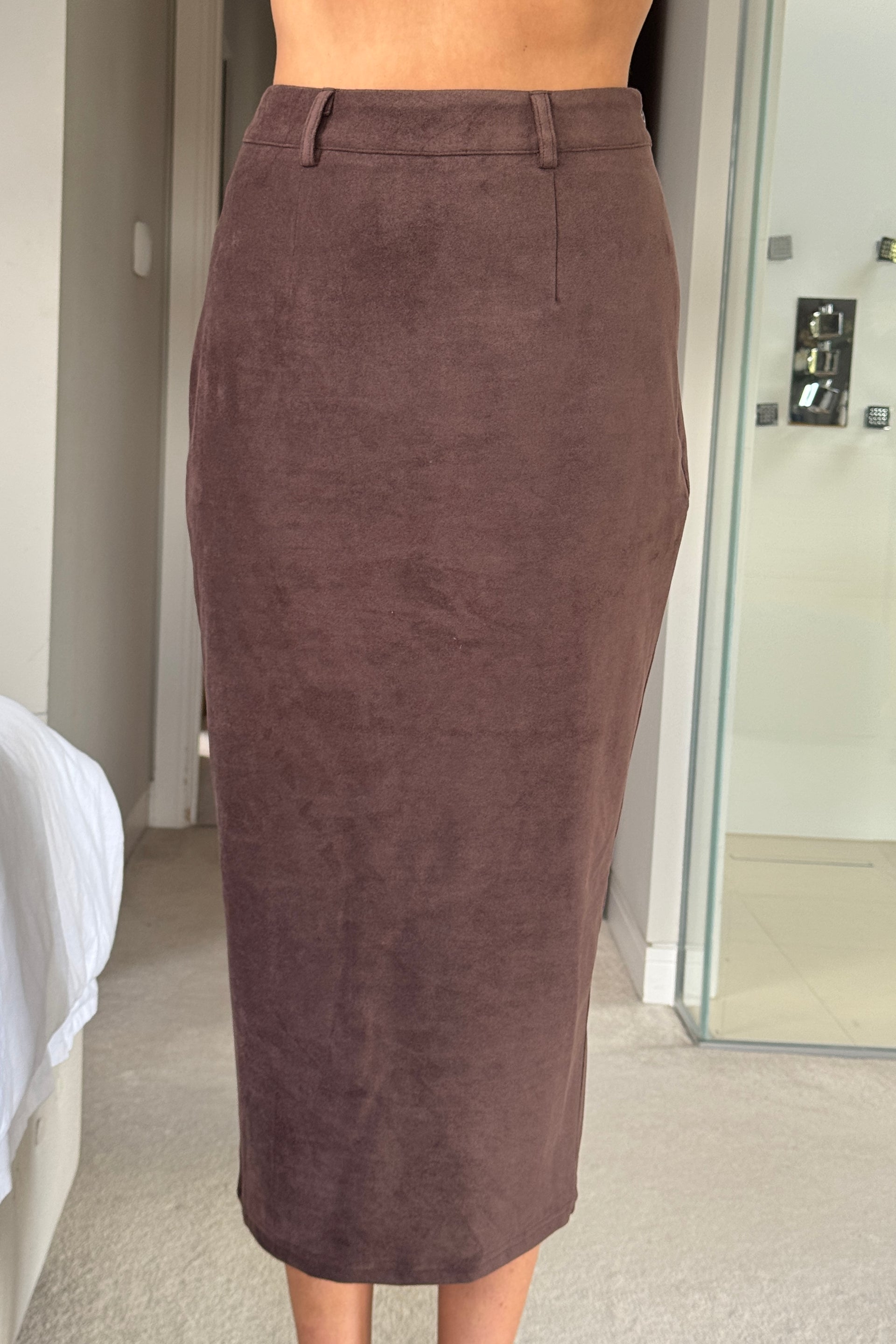 Vicky Reversible Tailored Suede Skirt Chocolate