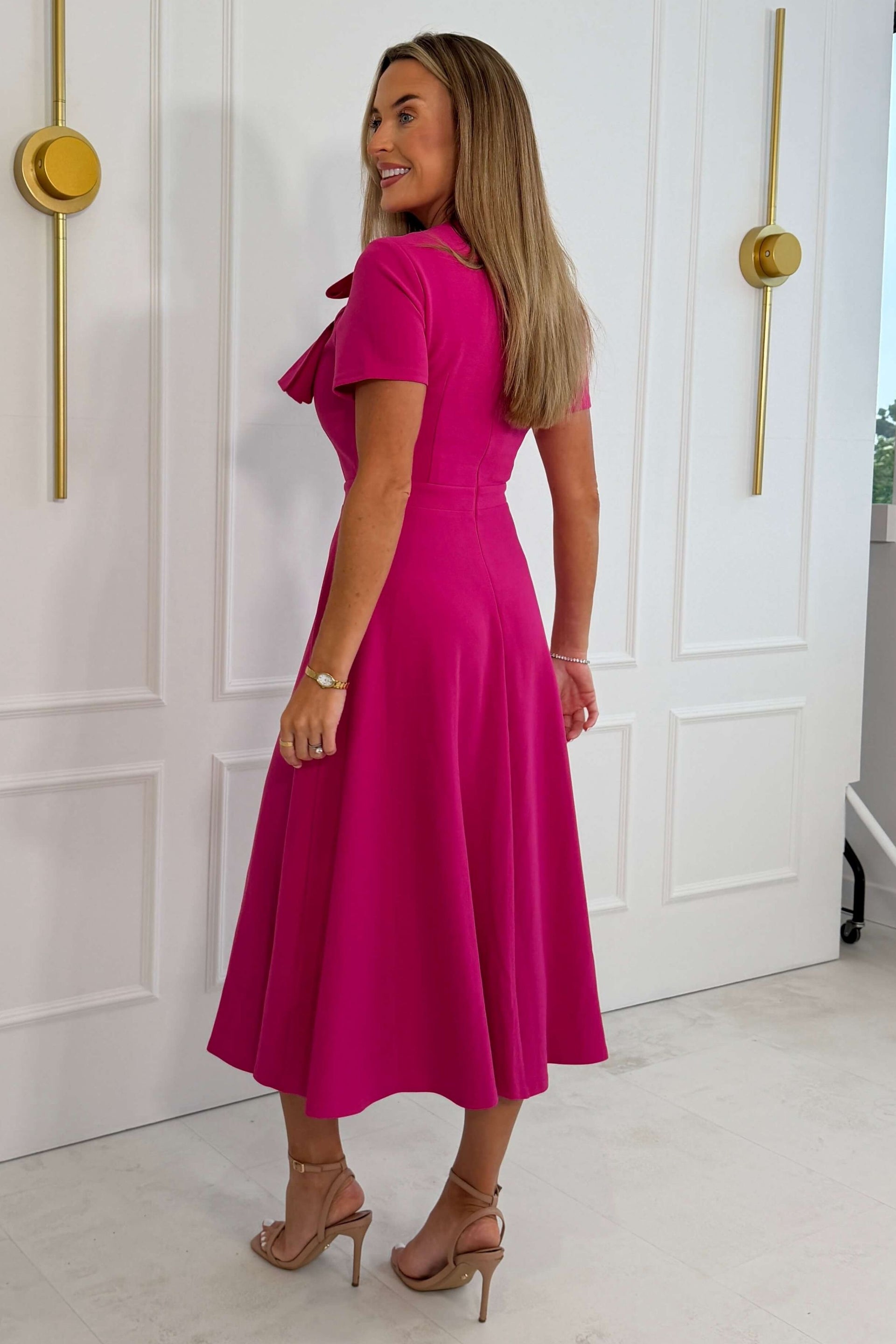 Minta Bow Detail Short Sleeve Midi Dress Pink