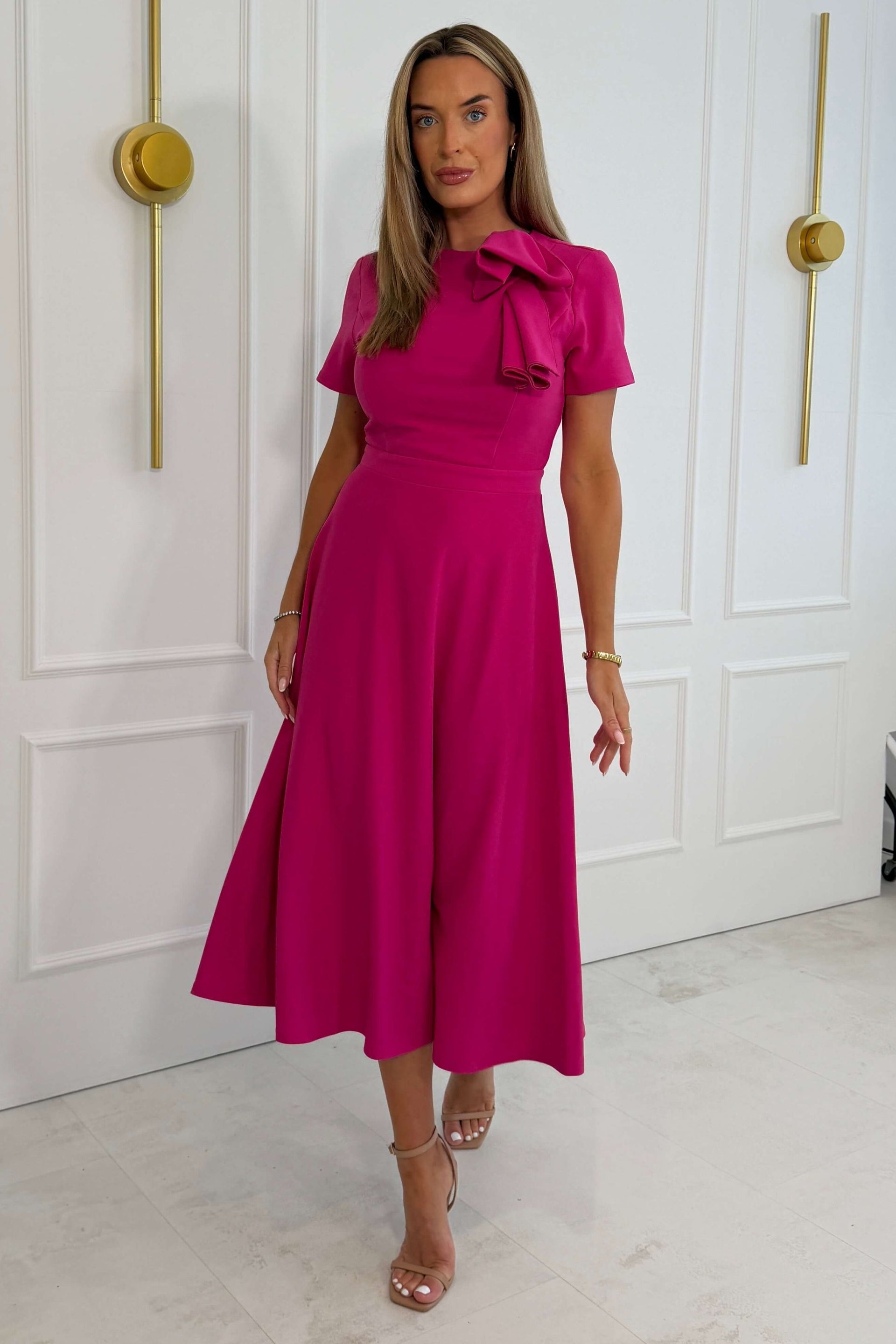 Minta Bow Detail Short Sleeve Midi Dress Pink