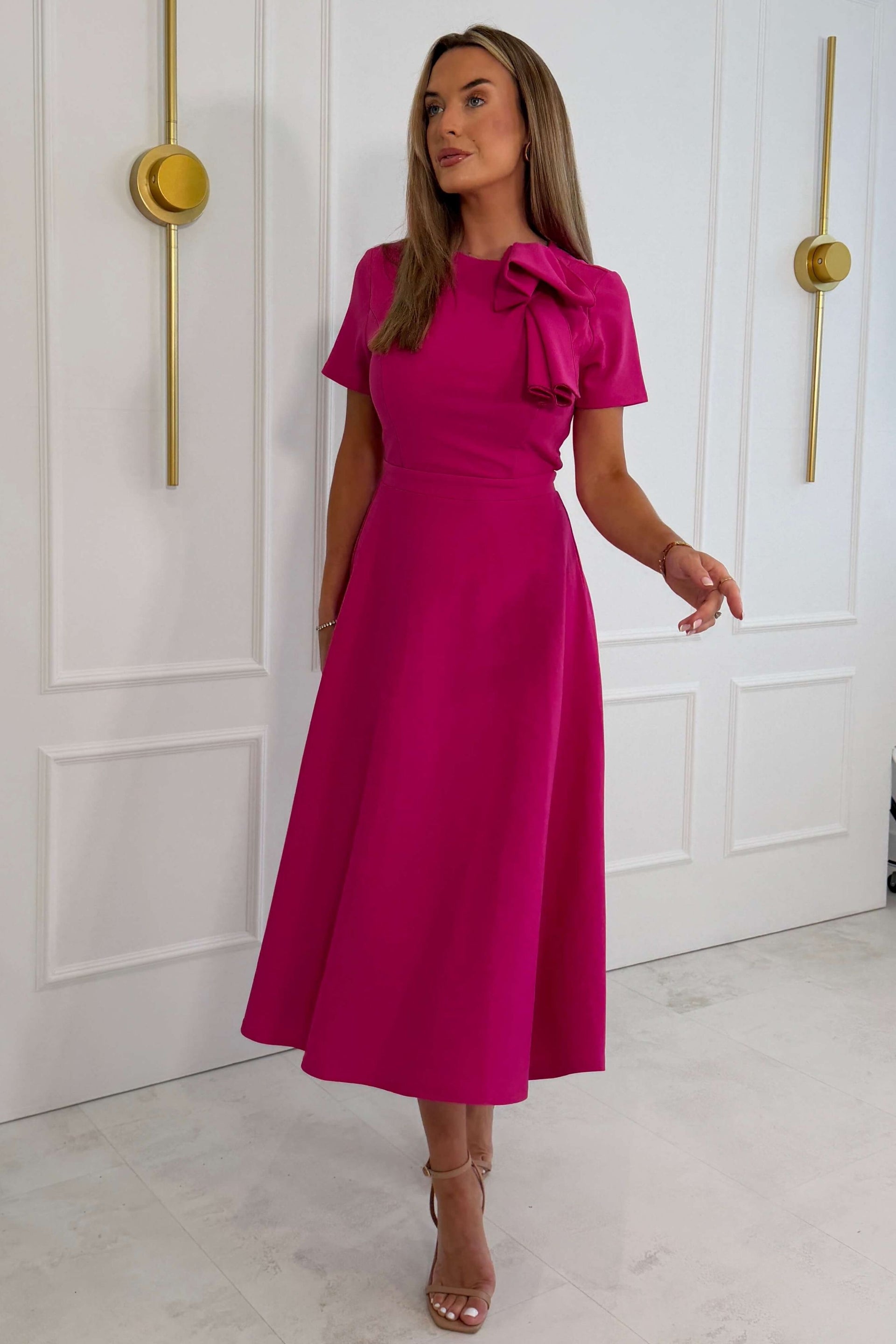 Minta Bow Detail Short Sleeve Midi Dress Pink