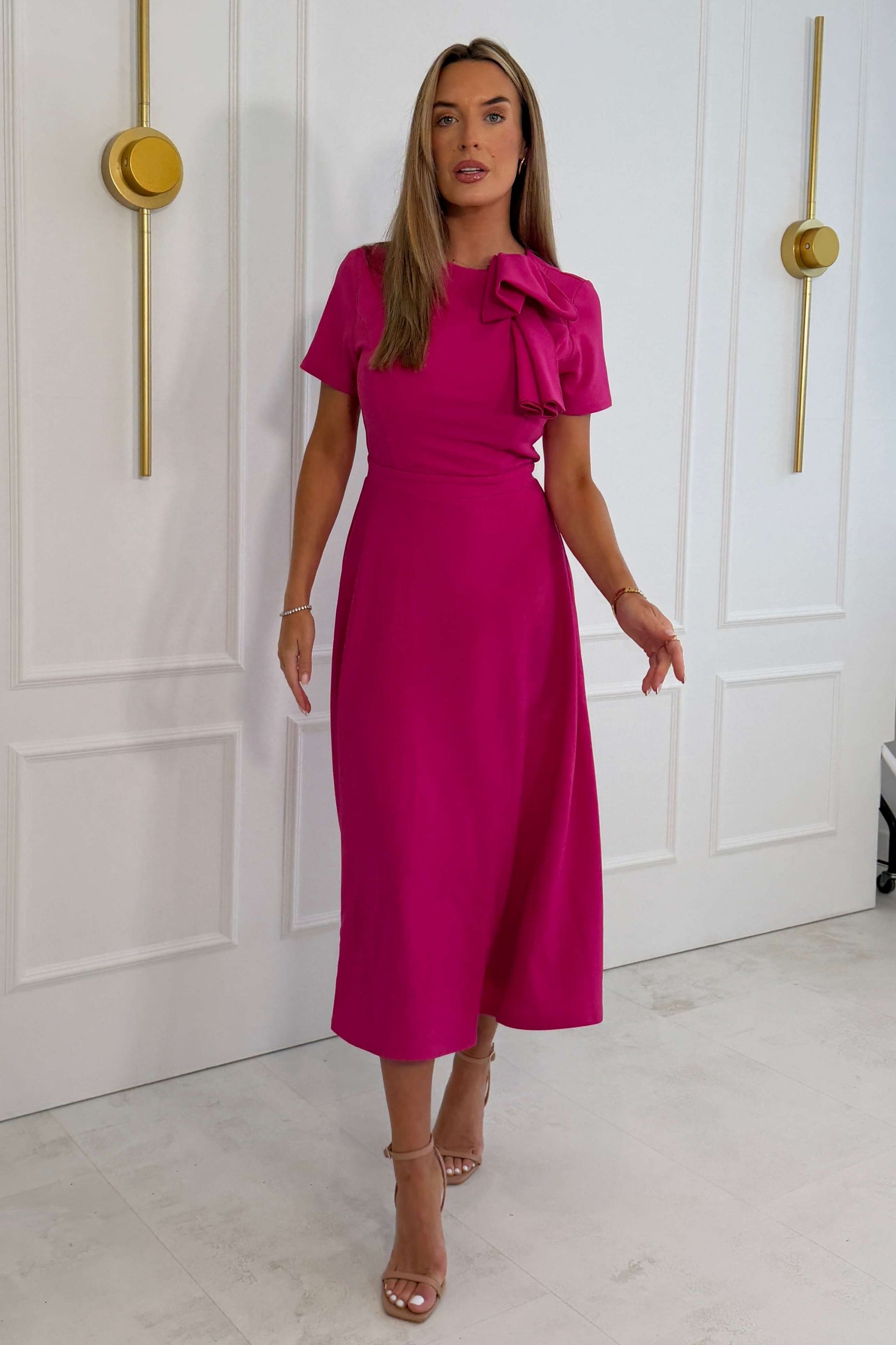 Minta Bow Detail Short Sleeve Midi Dress Pink