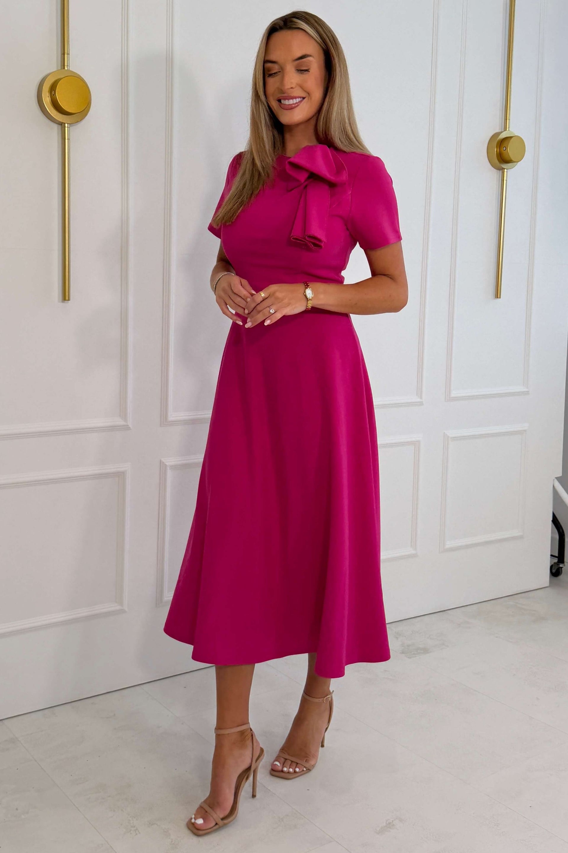 pink short midi dress LEO LIN Caroline Lace Short Sleeves Midi Dress