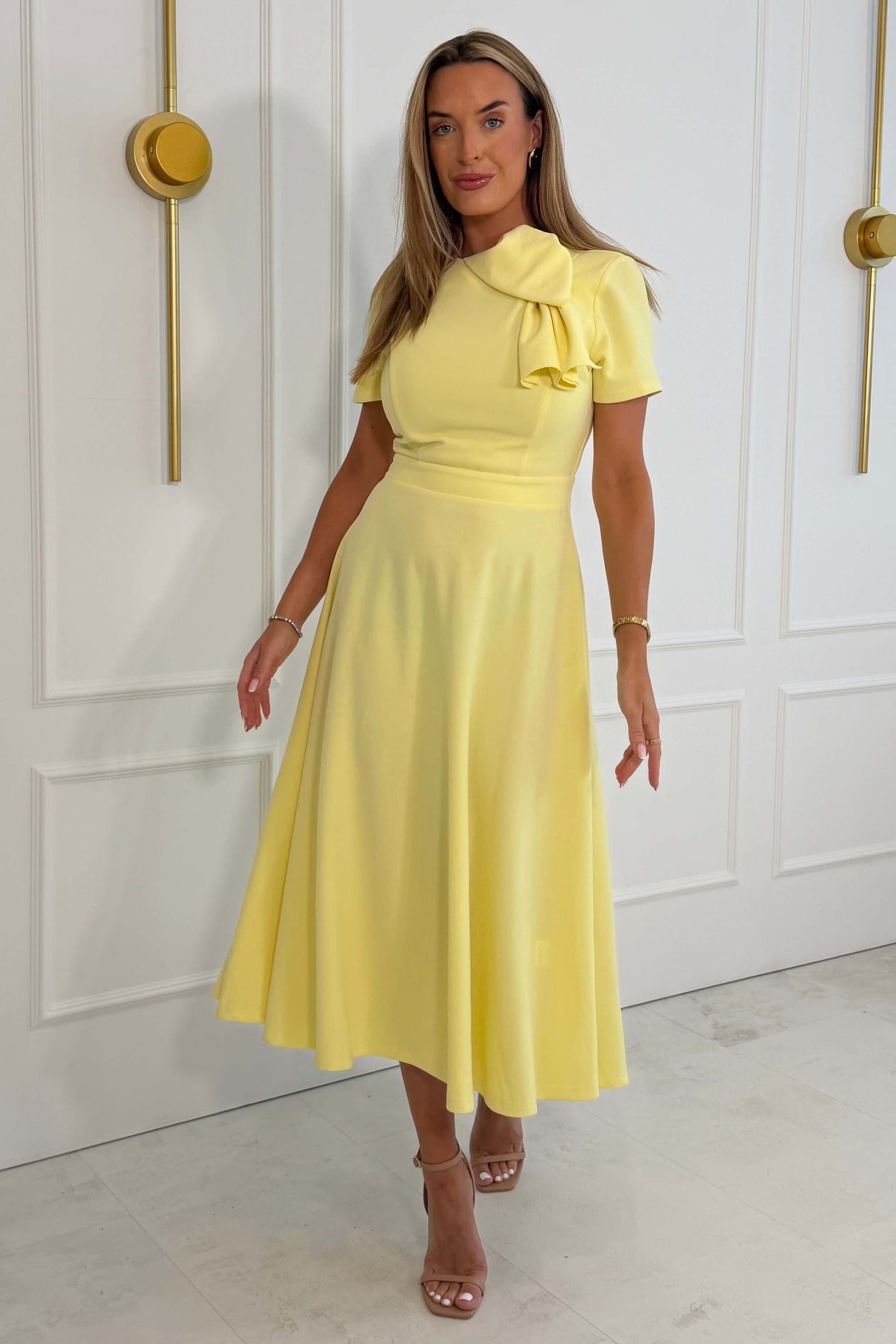 Minta Bow Detail Short Sleeve Midi Dress Yellow