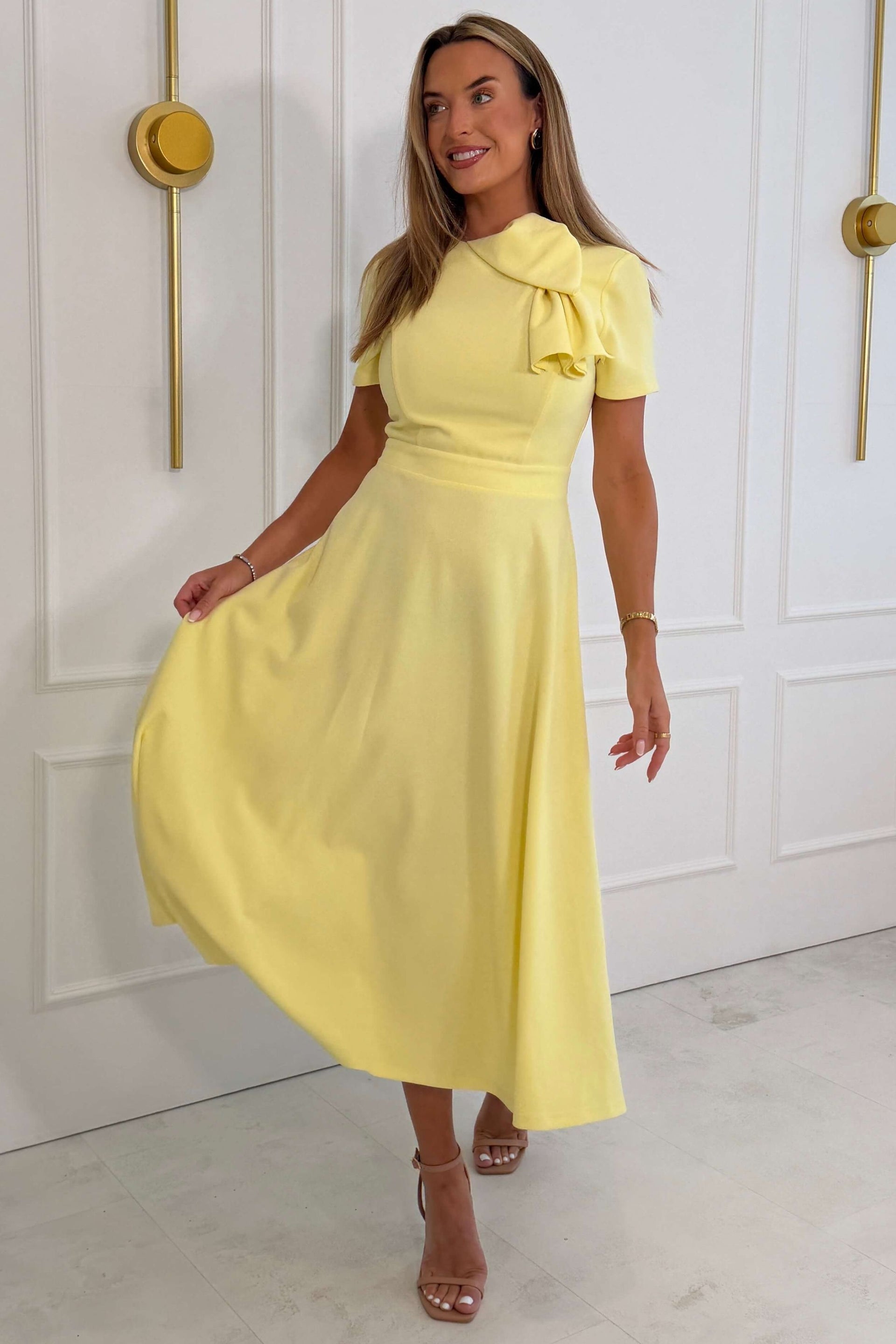 Minta Bow Detail Short Sleeve Midi Dress Yellow
