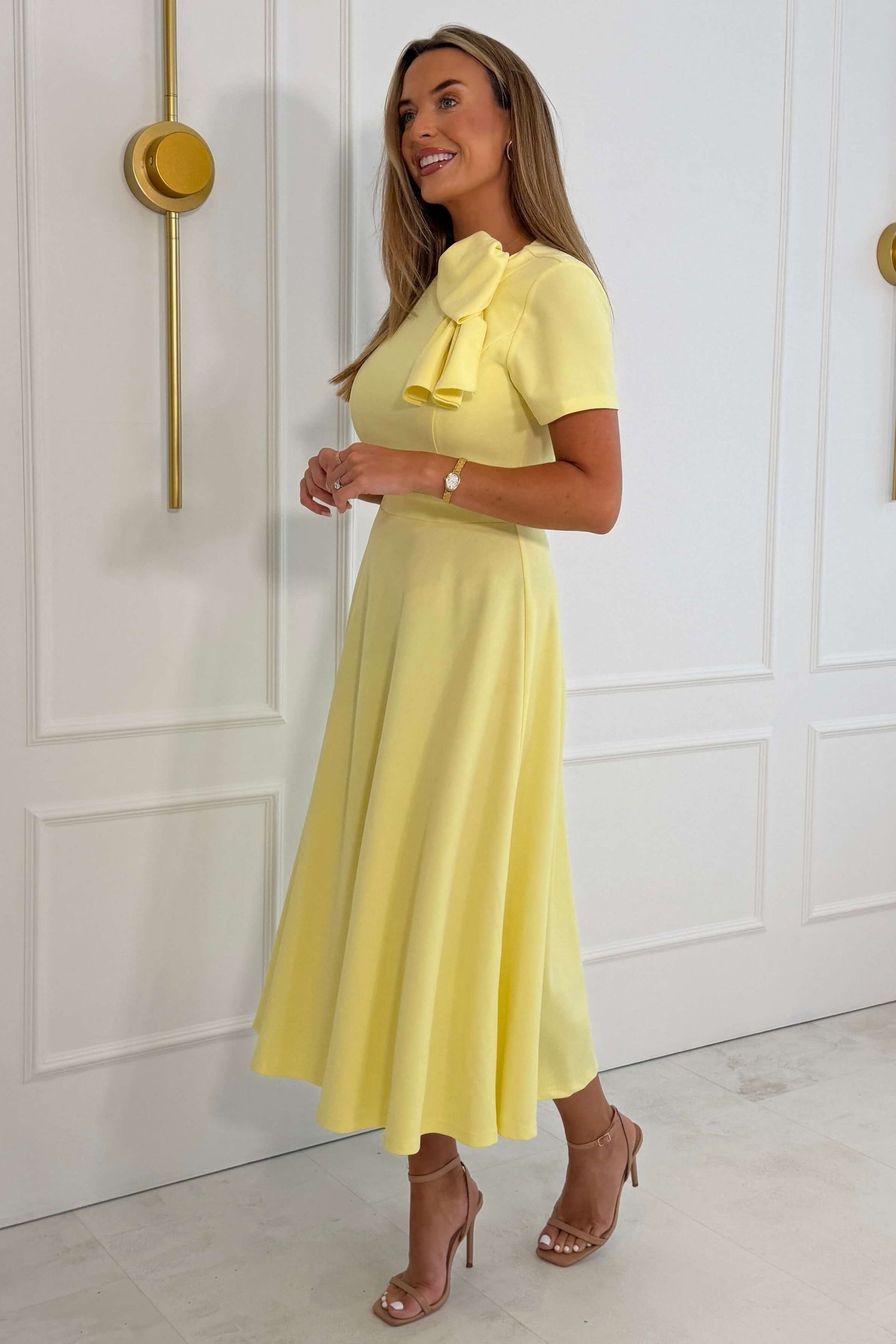 Minta Bow Detail Short Sleeve Midi Dress Yellow
