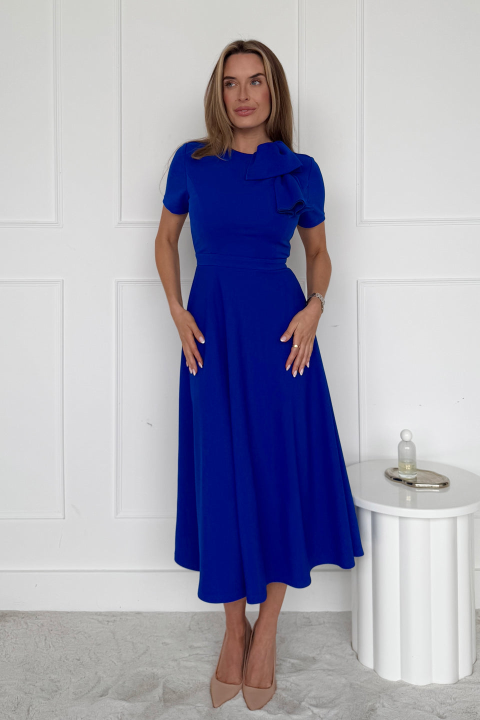 Minta Bow Detail Short Sleeve Midi Dress Cobalt