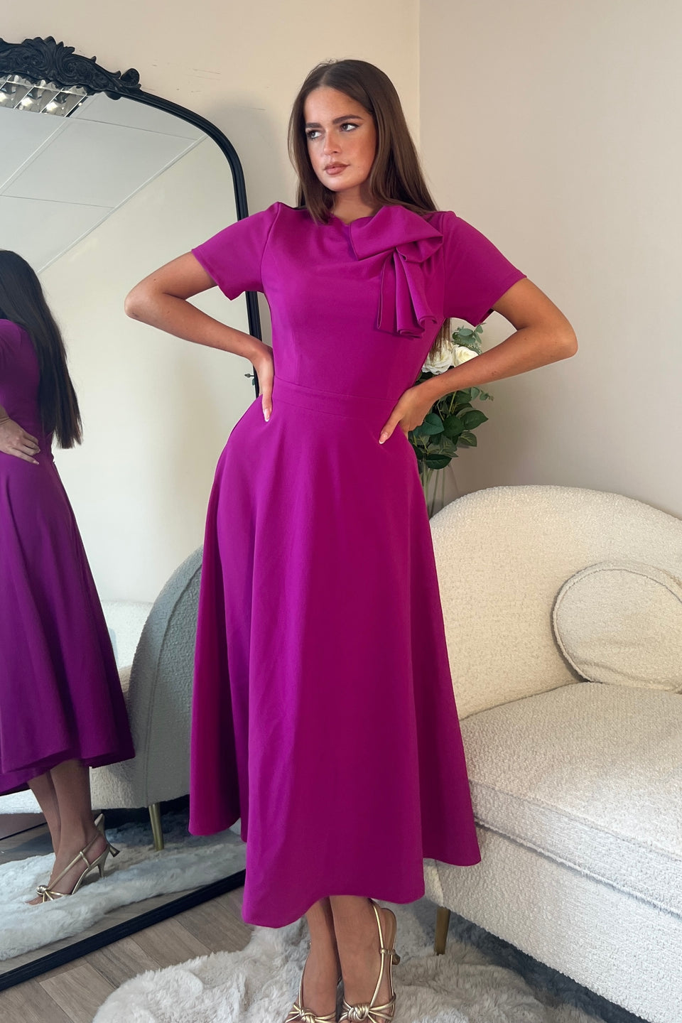 Minta Bow Detail Short Sleeve Midi Dress Orchid