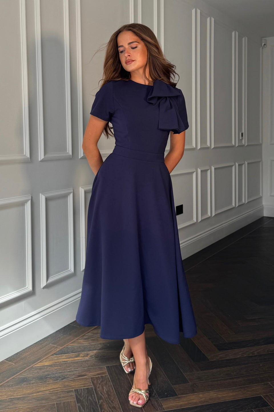Minta Bow Detail Short Sleeve Midi Dress Navy