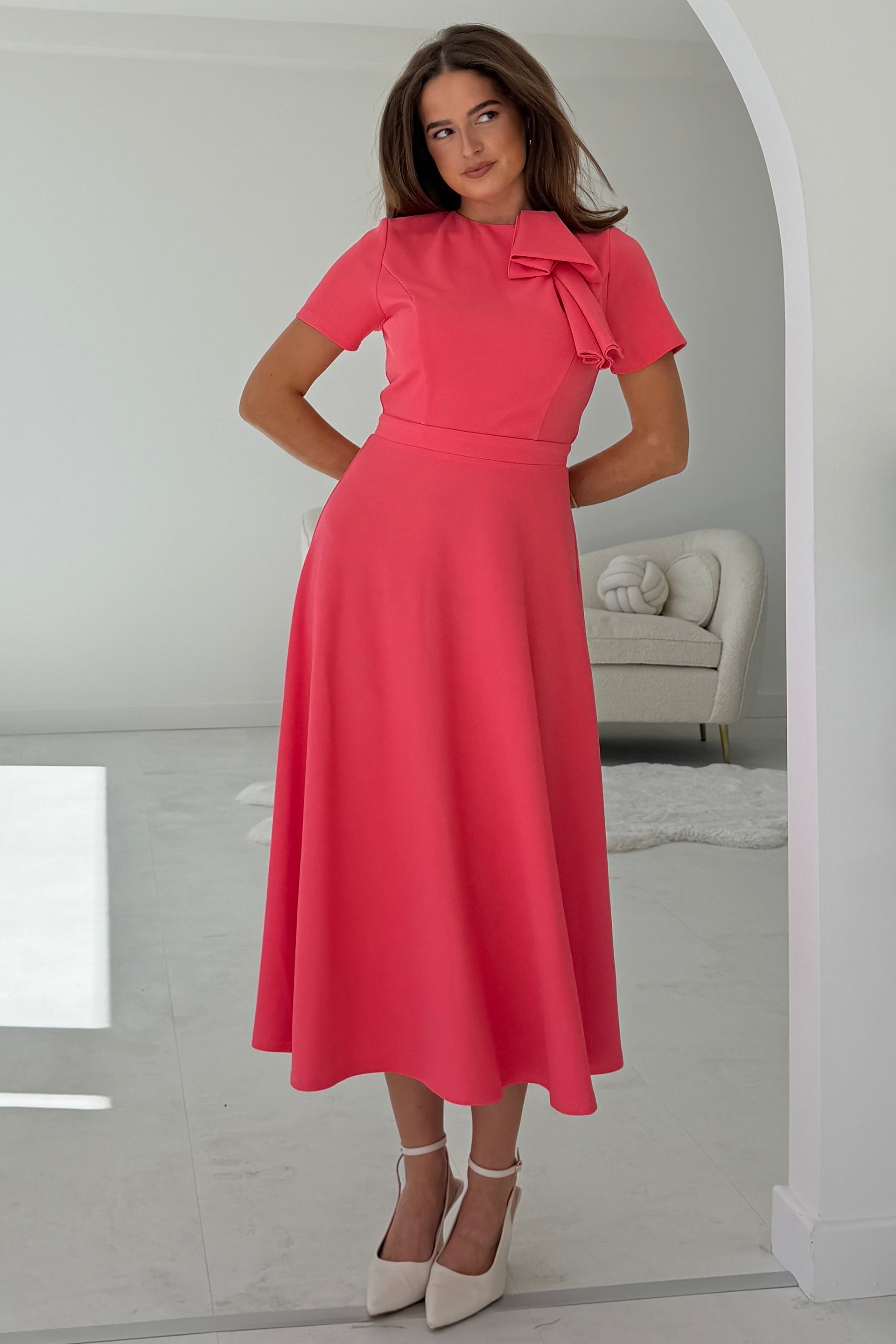 formal midi dress with short sleeves Elegant Short Sleeves Leaf Sequin V-Neck Midi Wedding Guest Dress main image 1