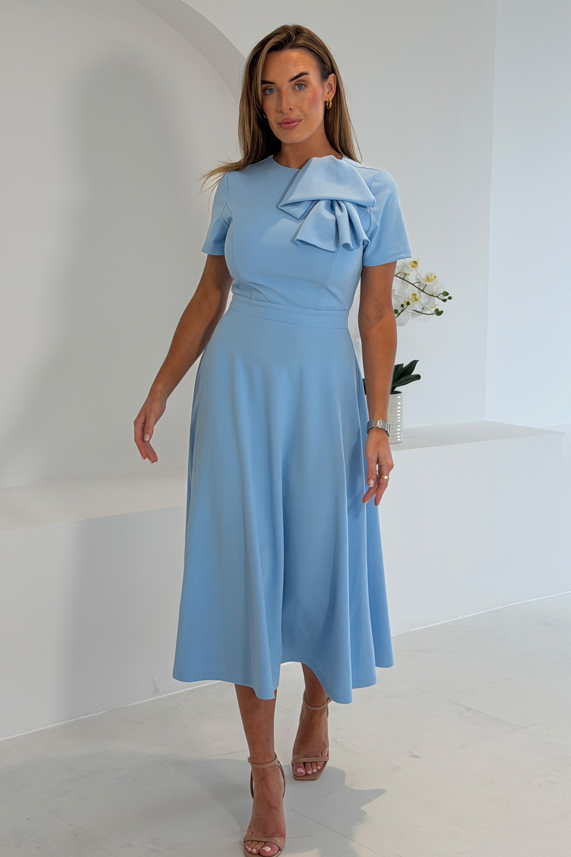 Minta Bow Detail Short Sleeve Midi Dress Sky