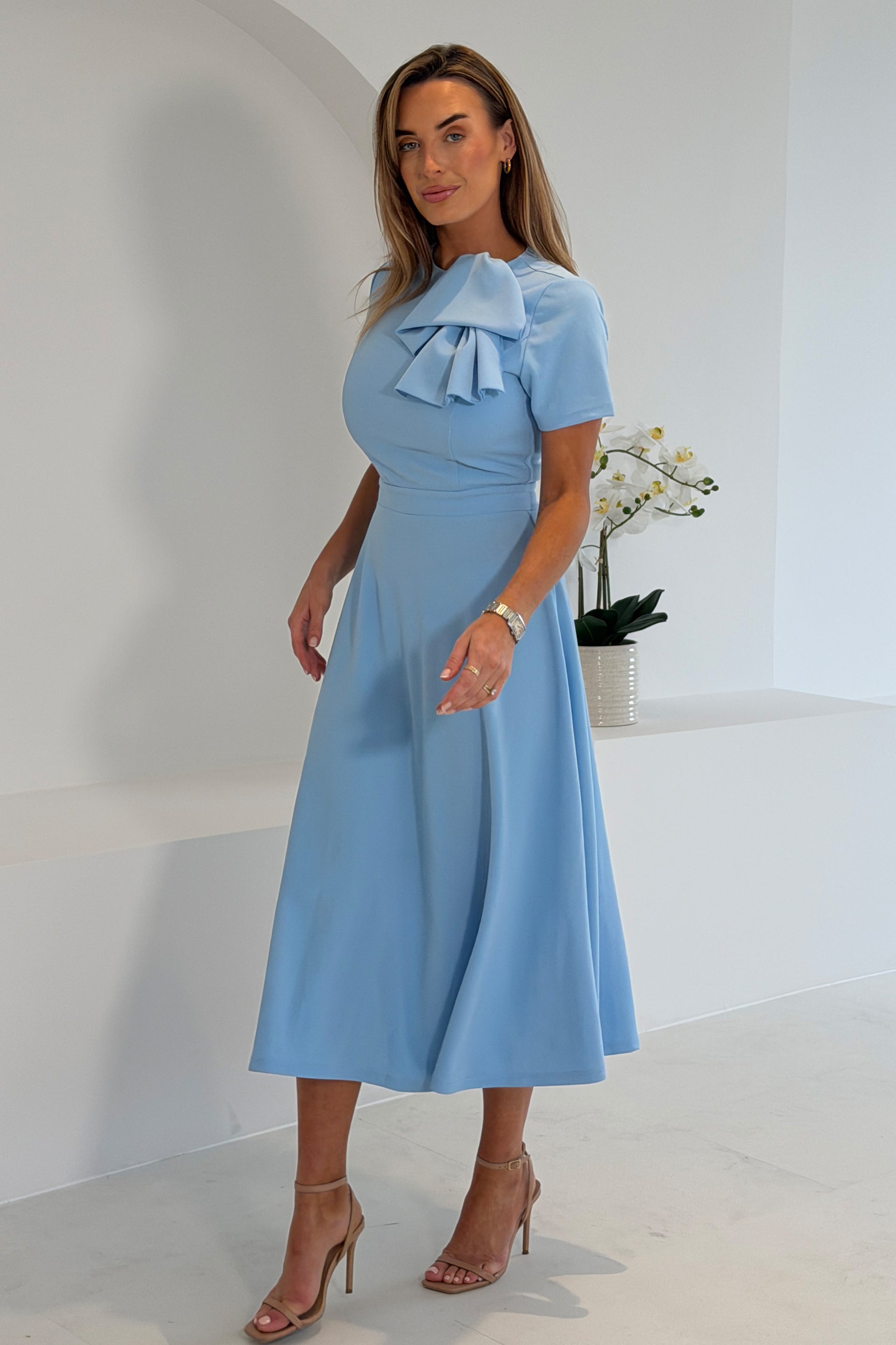 Minta Bow Detail Short Sleeve Midi Dress Sky