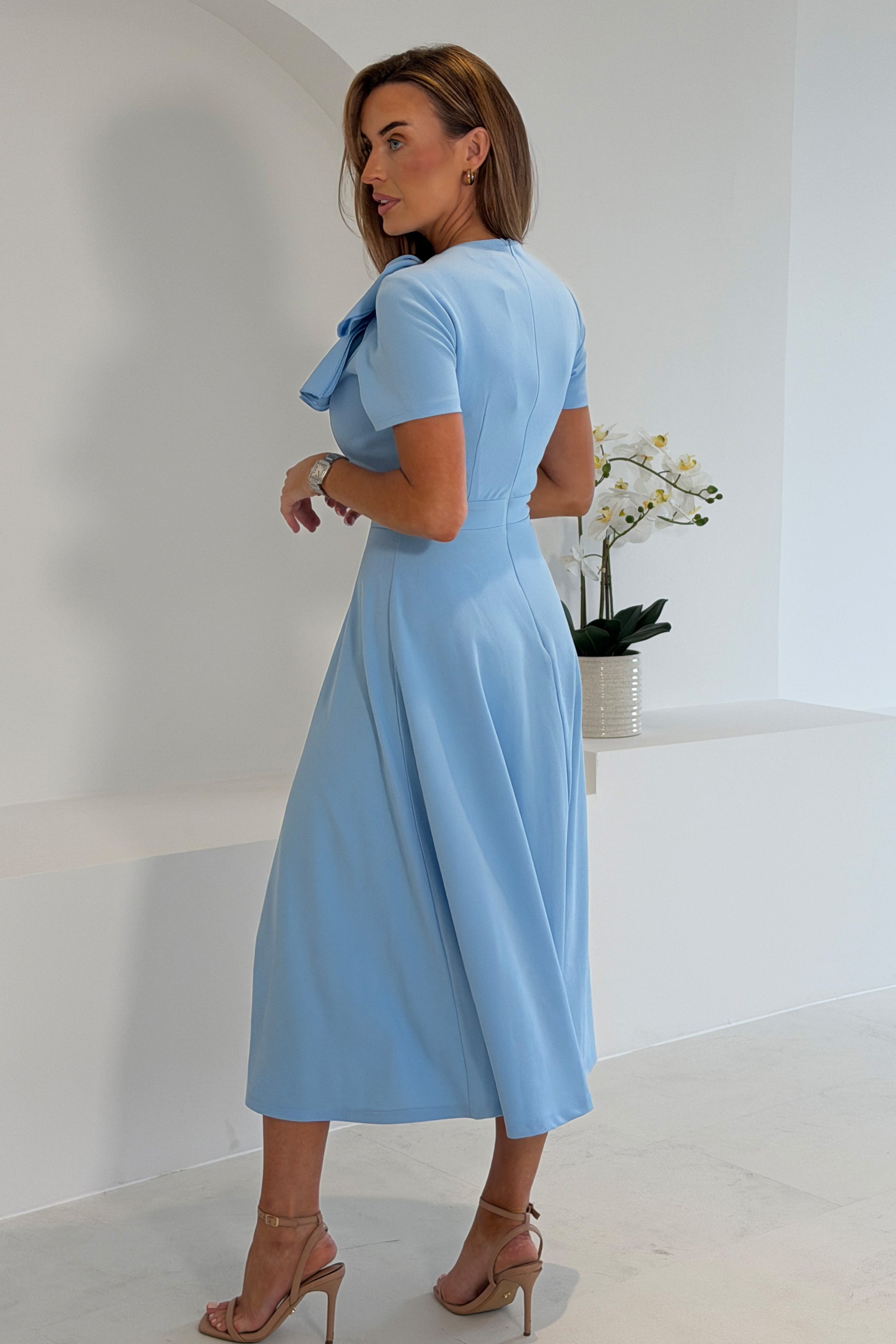Minta Bow Detail Short Sleeve Midi Dress Sky