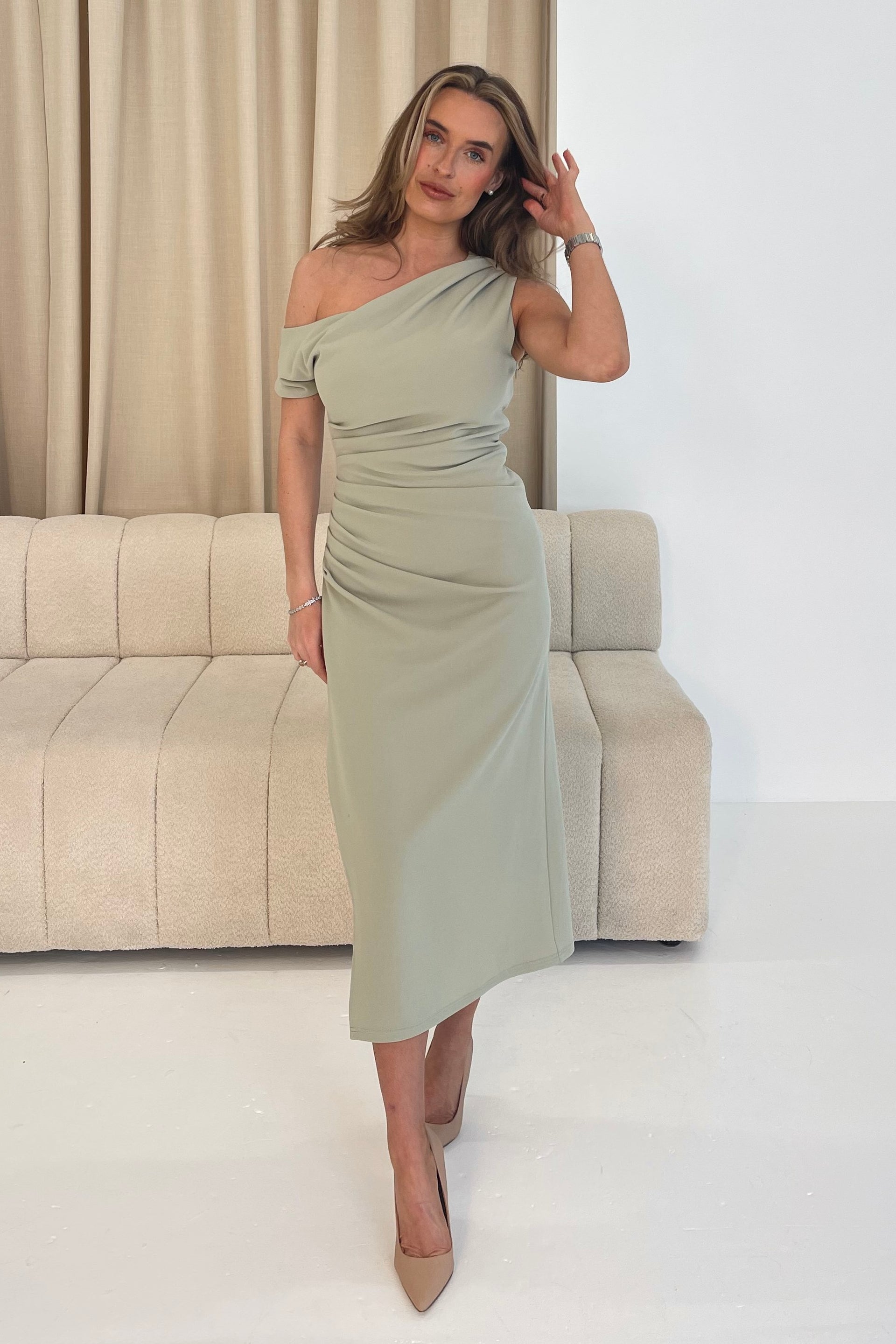 Donna Asymmetric Neckline Midi Dress Sage