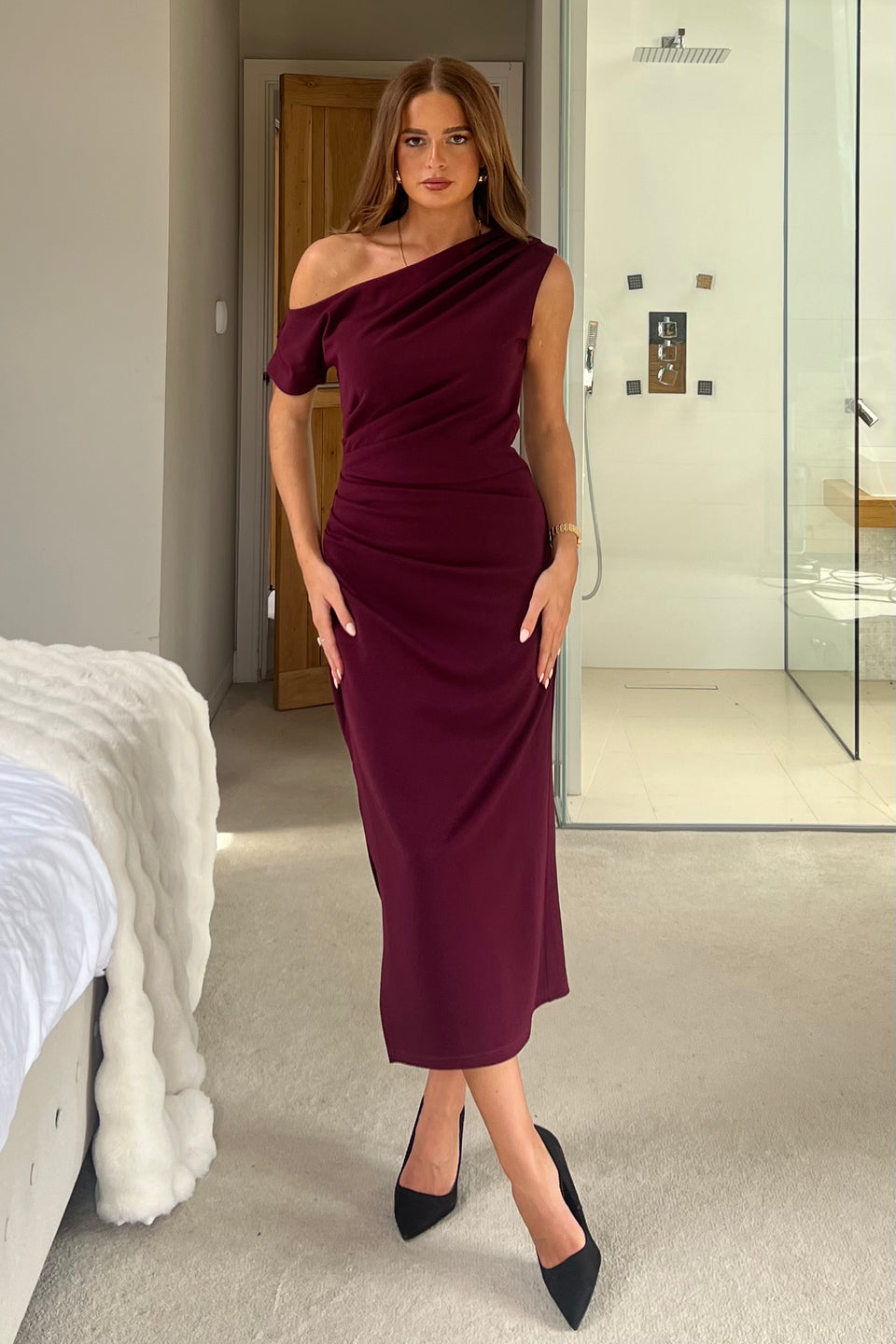Donna Asymmetric Neckline Midi Dress Plum