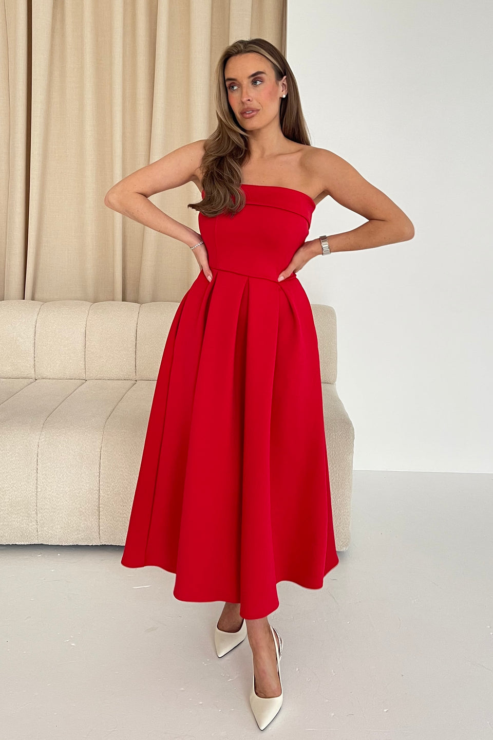 Danni Strapless Bandeau Midi Dress Red