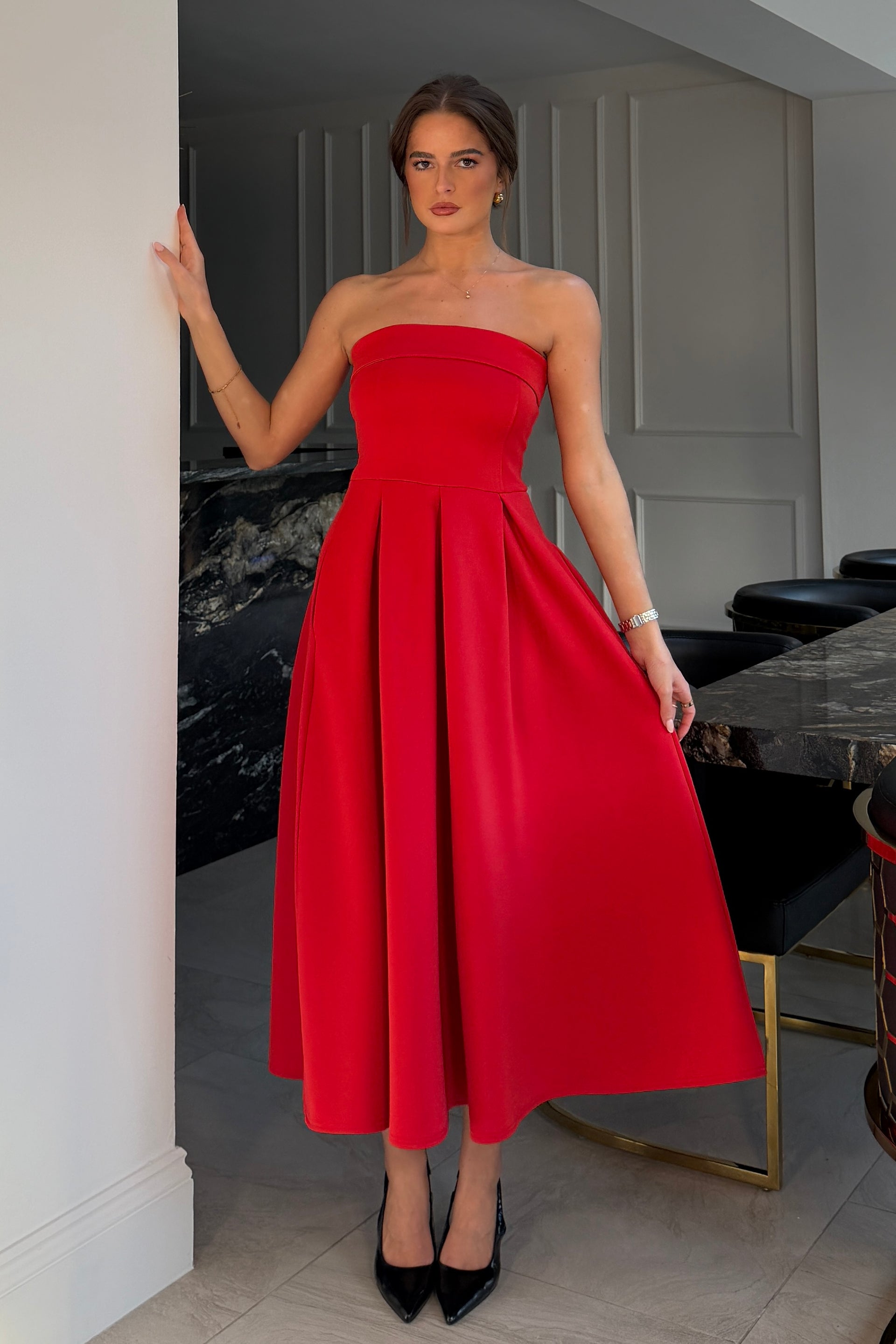 Danni Strapless Bandeau Midi Dress Red