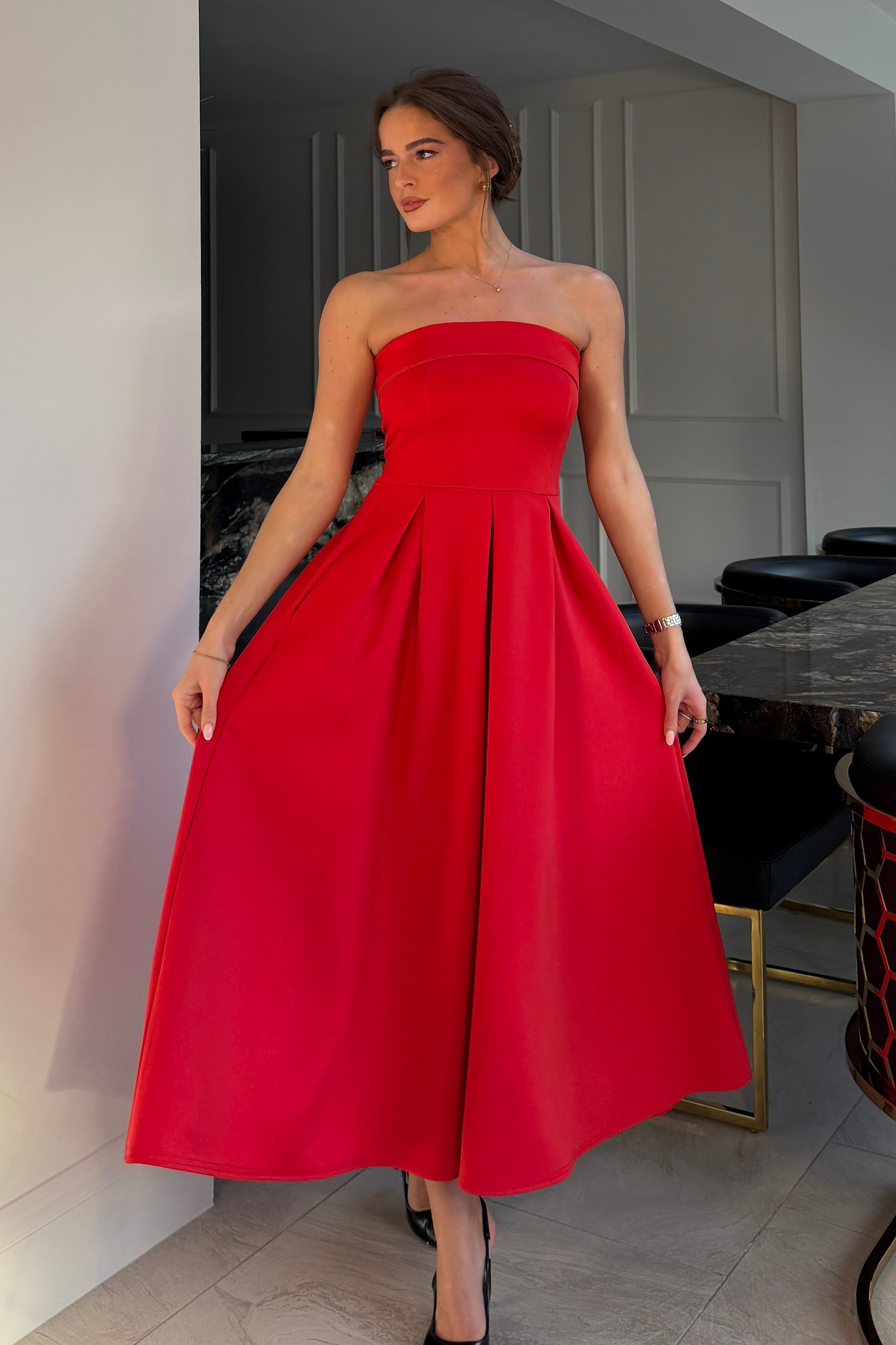 Danni Strapless Bandeau Midi Dress Red