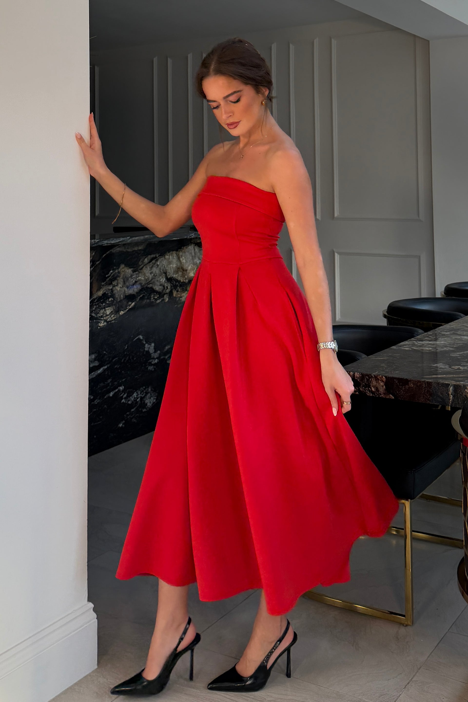bandeau asymmetric draped midi dress in red bandeau asymmetric draped midi dress in red Asymmetric Scarf-Detail Midaxi Dress in True Red