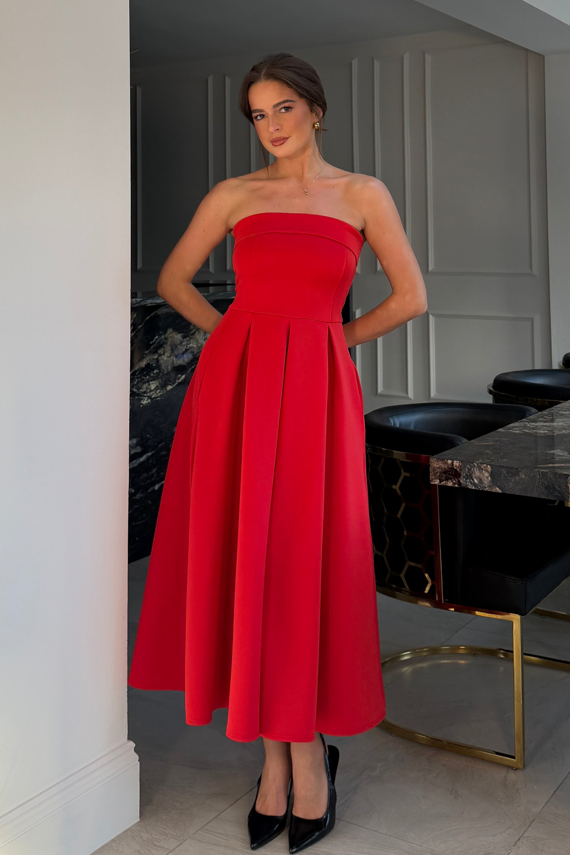 Danni Strapless Bandeau Midi Dress Red