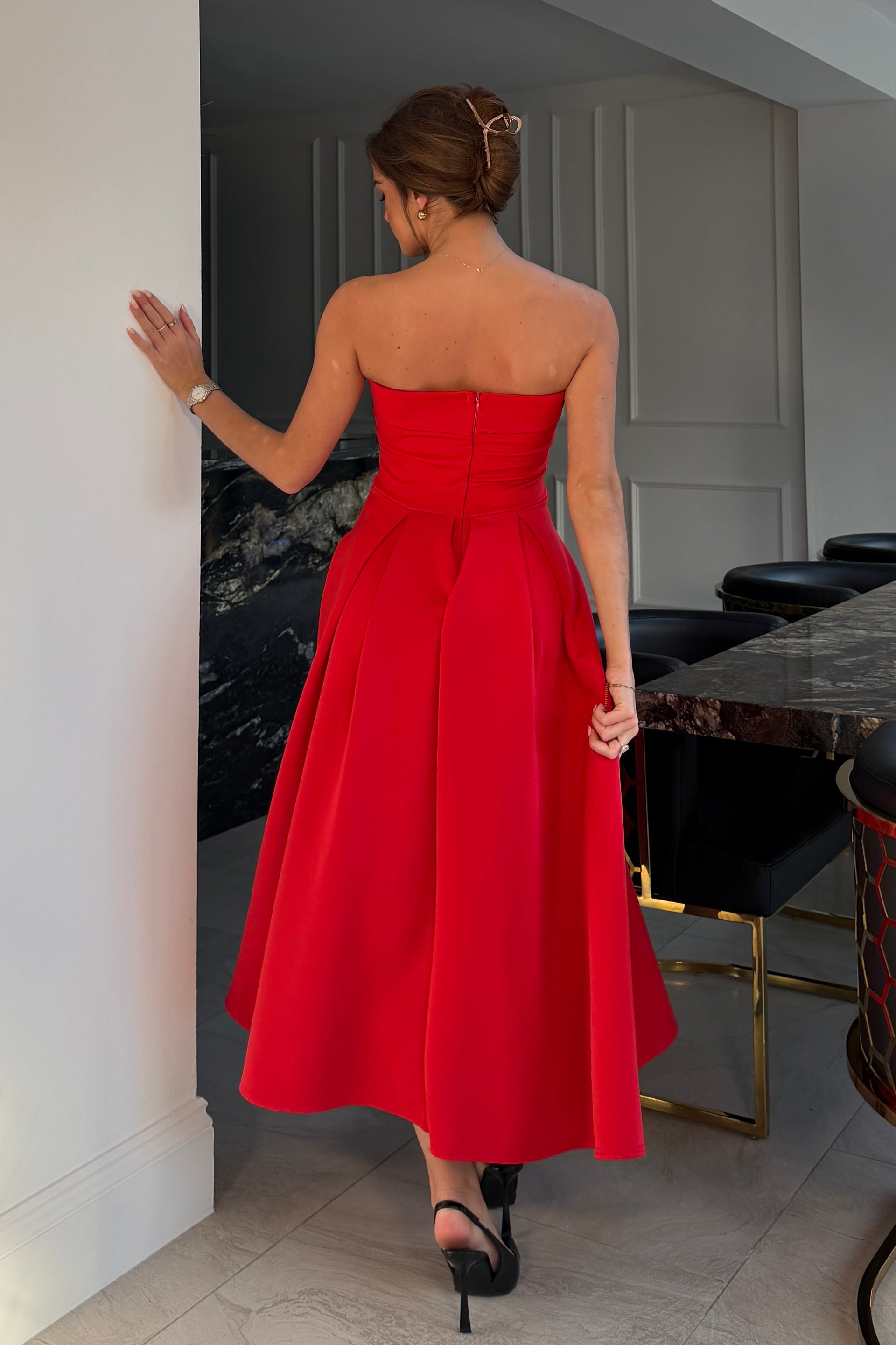 Danni Strapless Bandeau Midi Dress Red