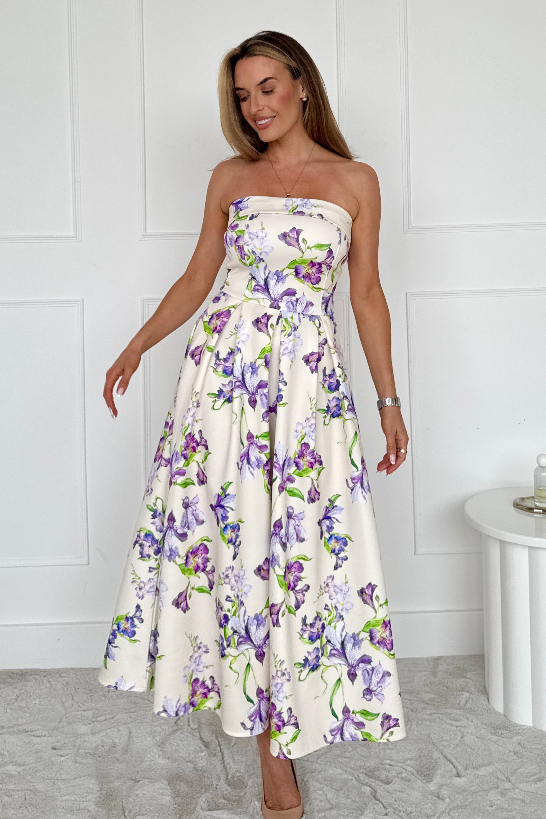 Danni Strapless Bandeau Midi Dress Yellow Floral