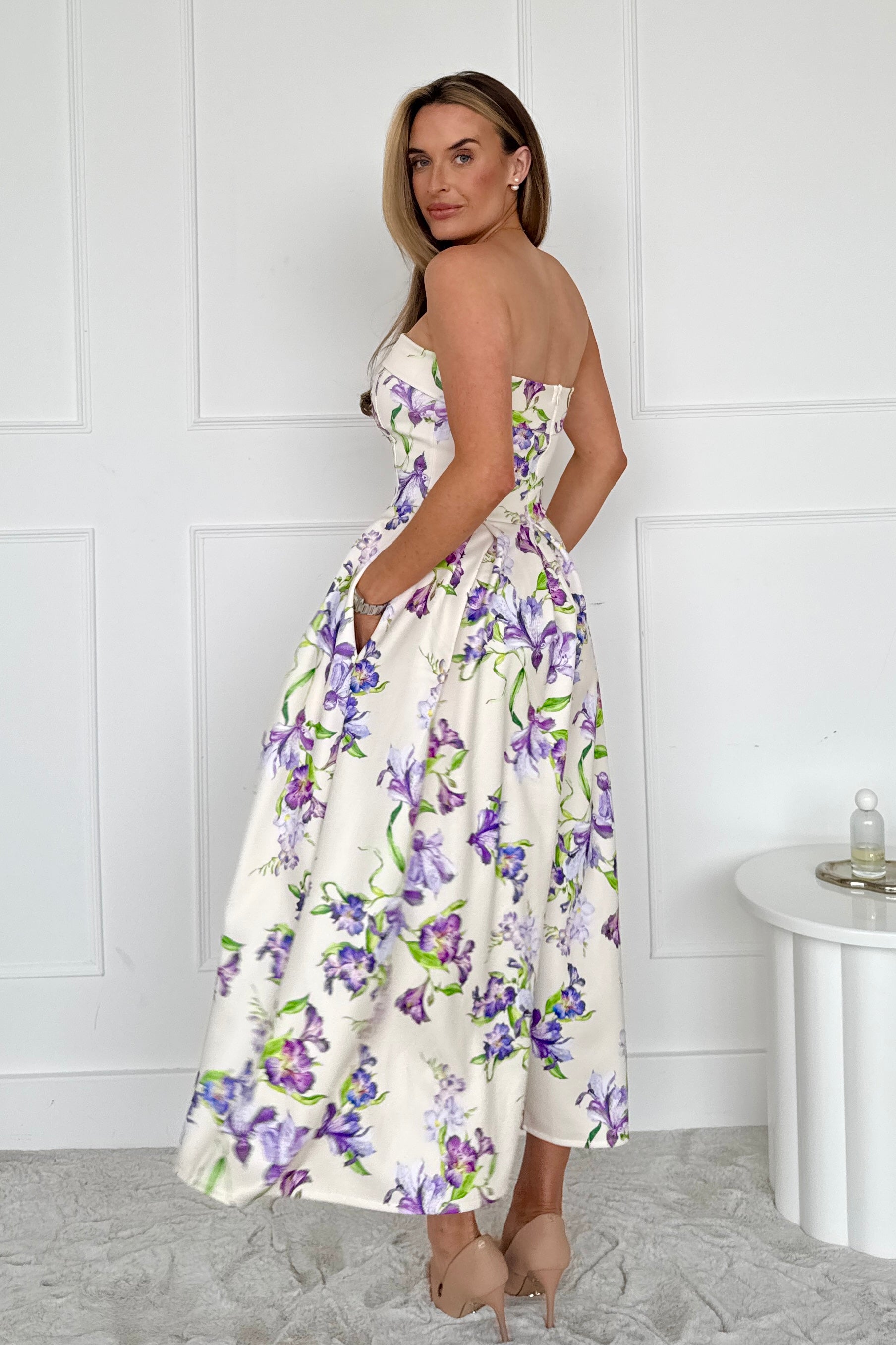 Danni Strapless Bandeau Midi Dress Yellow Floral – Girl In Mind