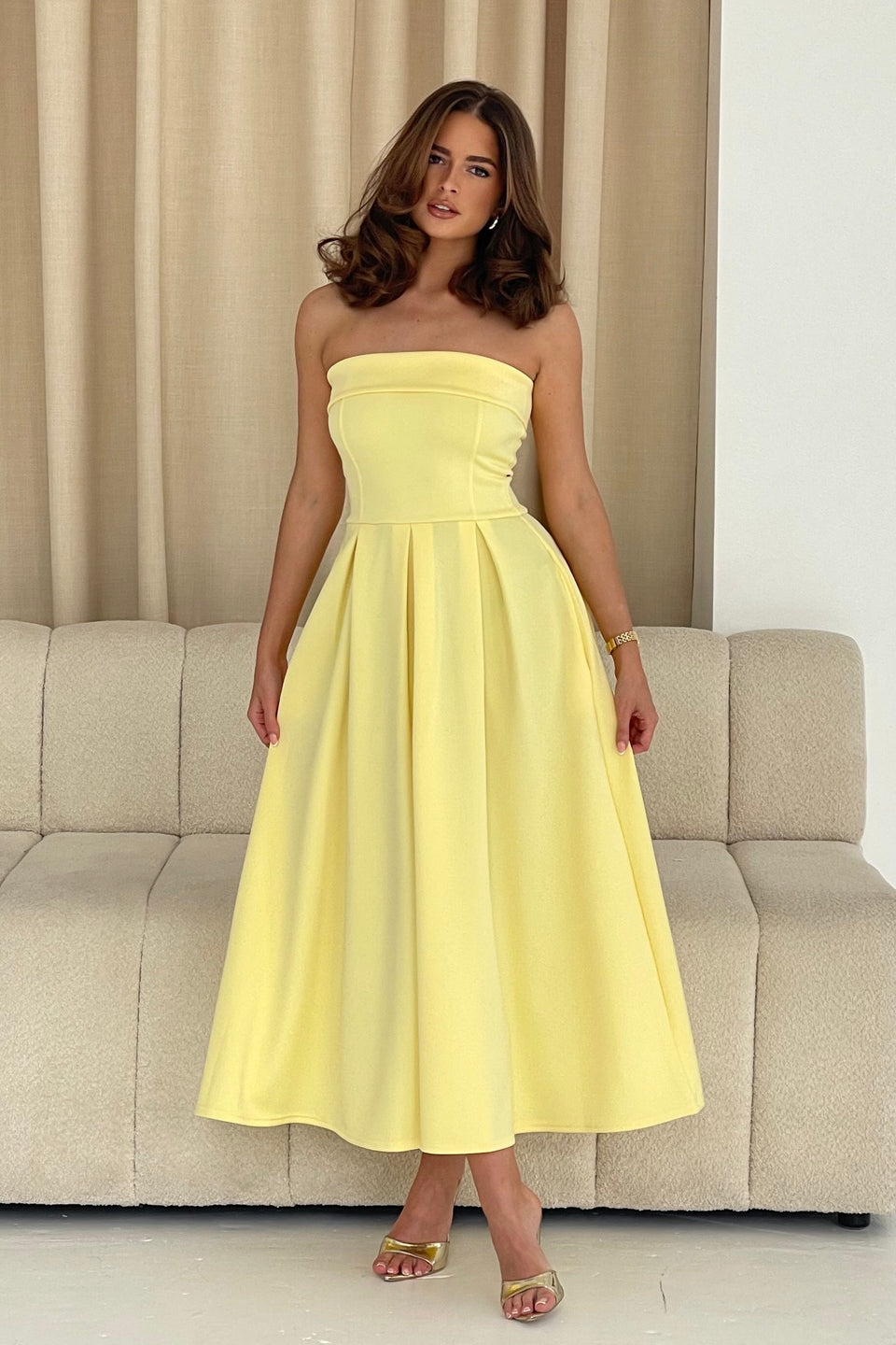 Danni Strapless Bandeau Midi Dress Yellow