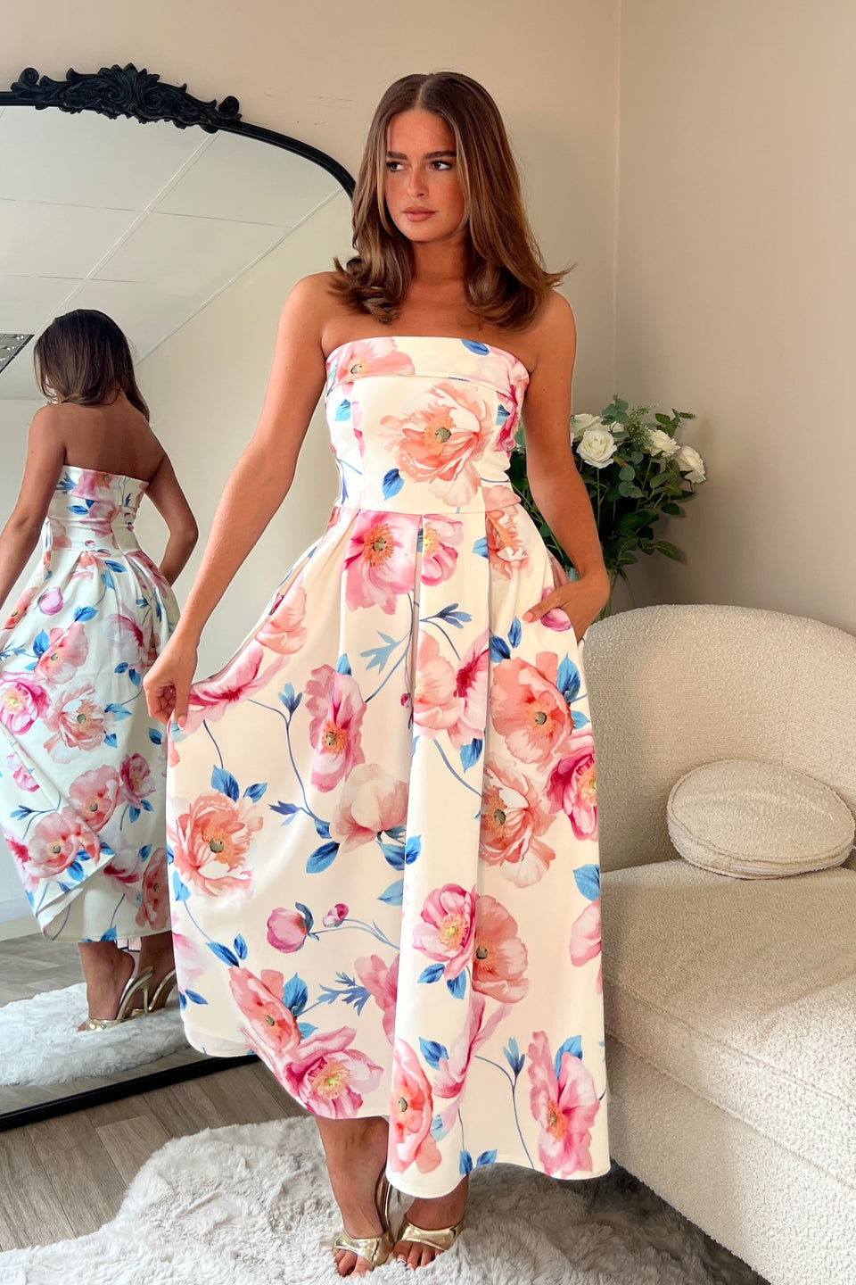 Danni Strapless Bandeau Midi Dress Pink Floral