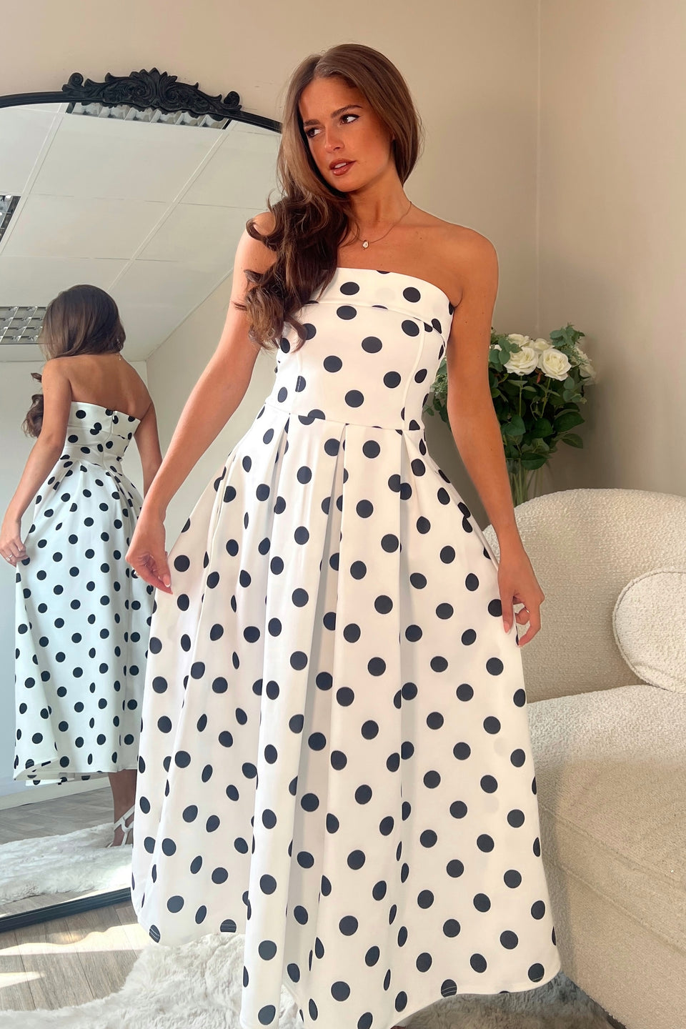 Danni Strapless Bandeau Midi Dress Spot Print