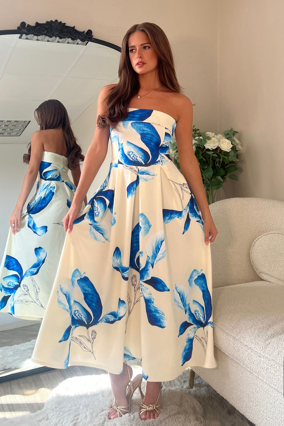 Danni Strapless Bandeau Midi Dress Yellow And Blue Floral