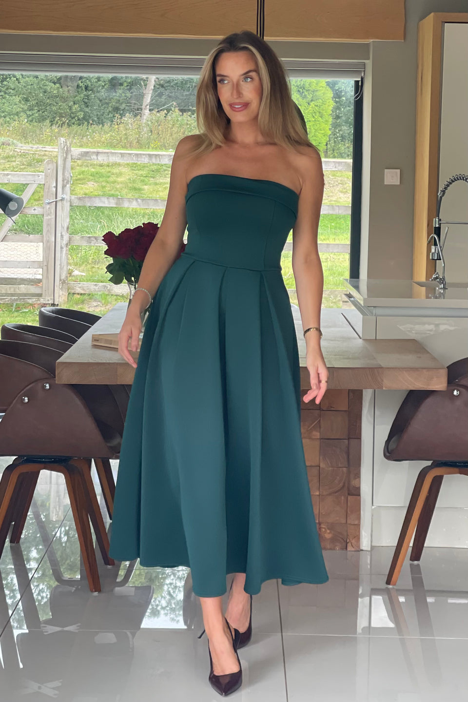 Danni Strapless Bandeau Midi Dress Emerald