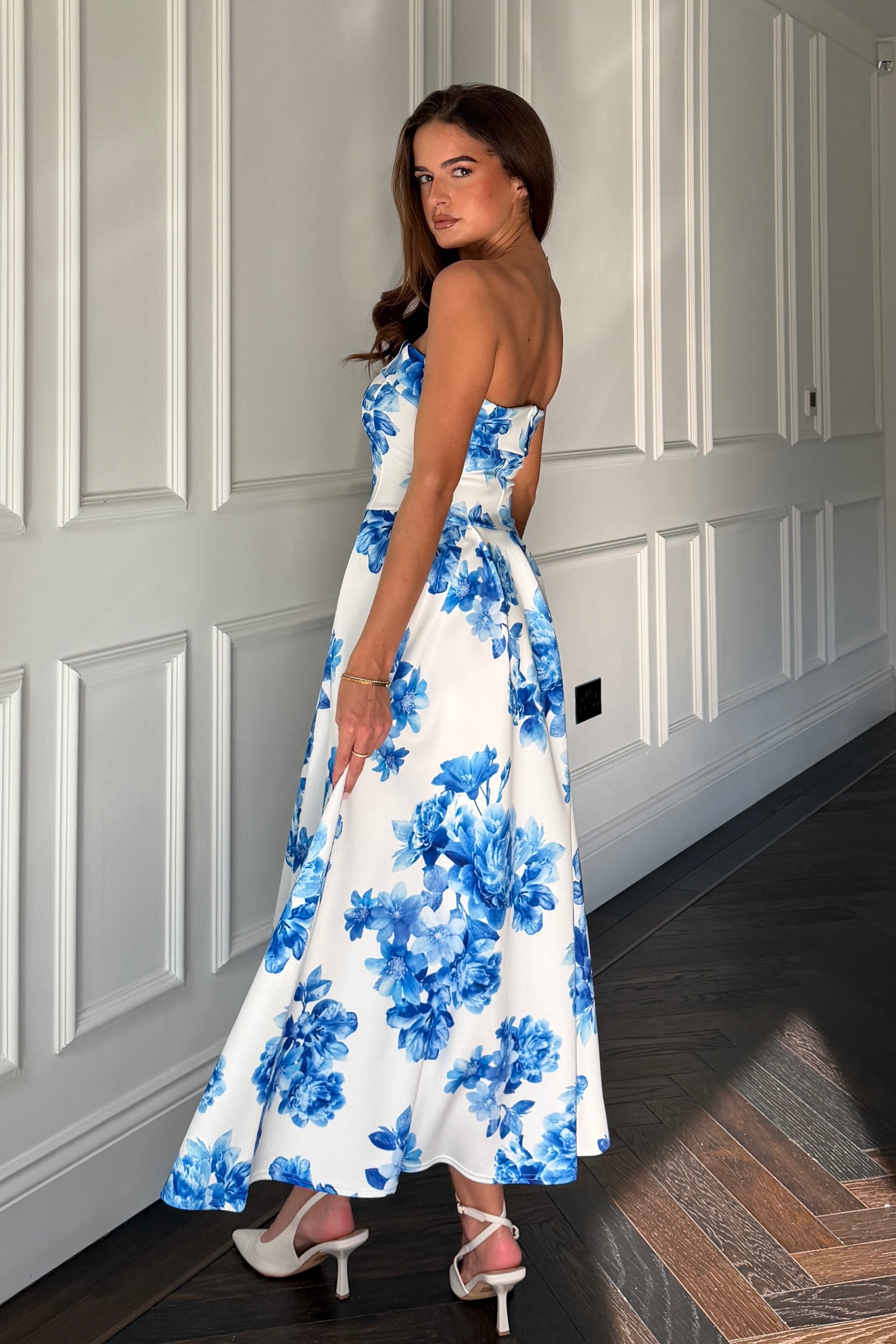 floral strapless midi dress Corset Waist Underwire Twill Sweetheart, Always Delicate Midi Dress in White/Blue, Size 2XS, For Brunch