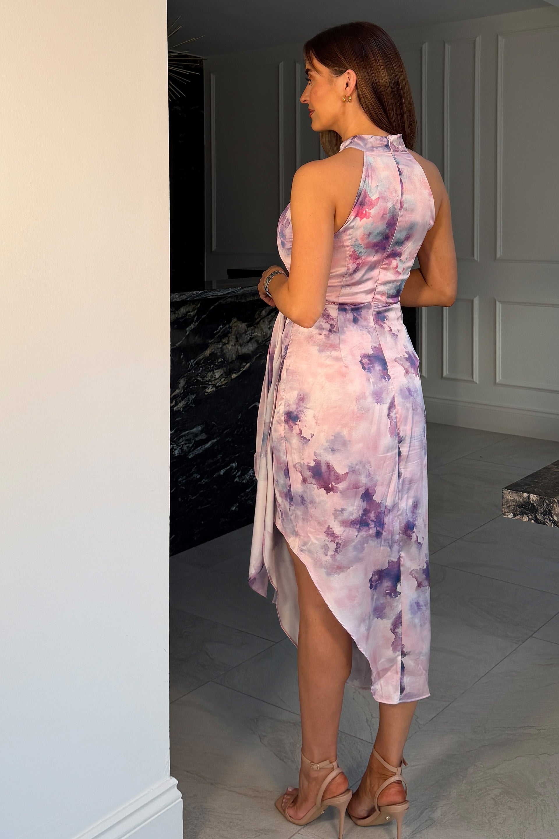 Priya Tie Waist Halter Neck Midi Dress Purple Marble – Girl In Mind