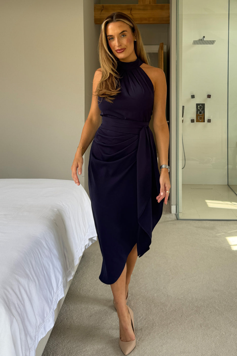 Priya Tie Waist Halter Neck Midi Dress Navy