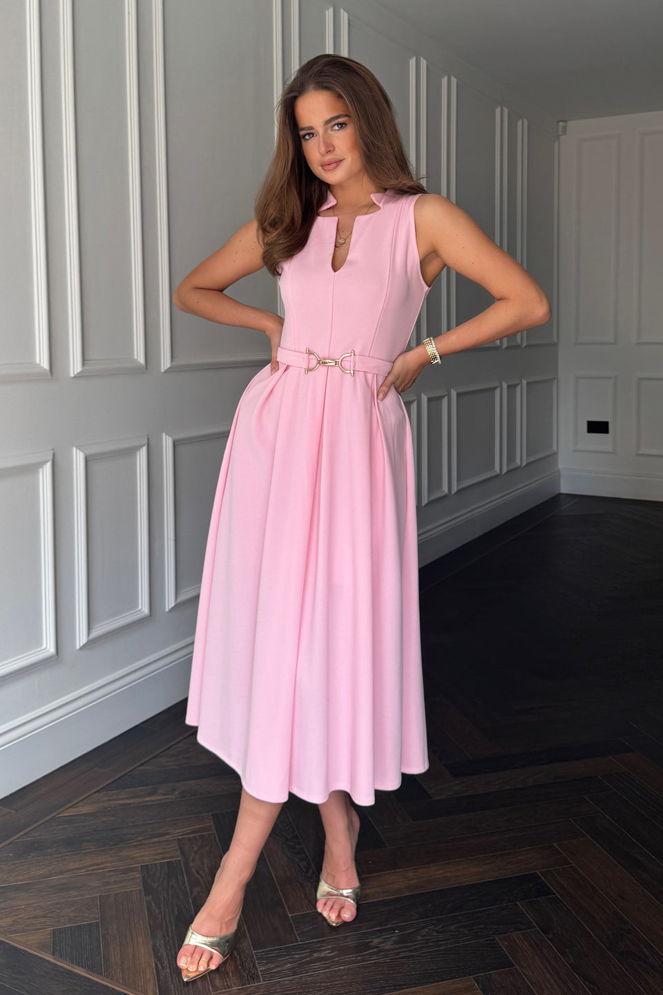Ameya Notch Neck Sleeveless Midi Dress Pink