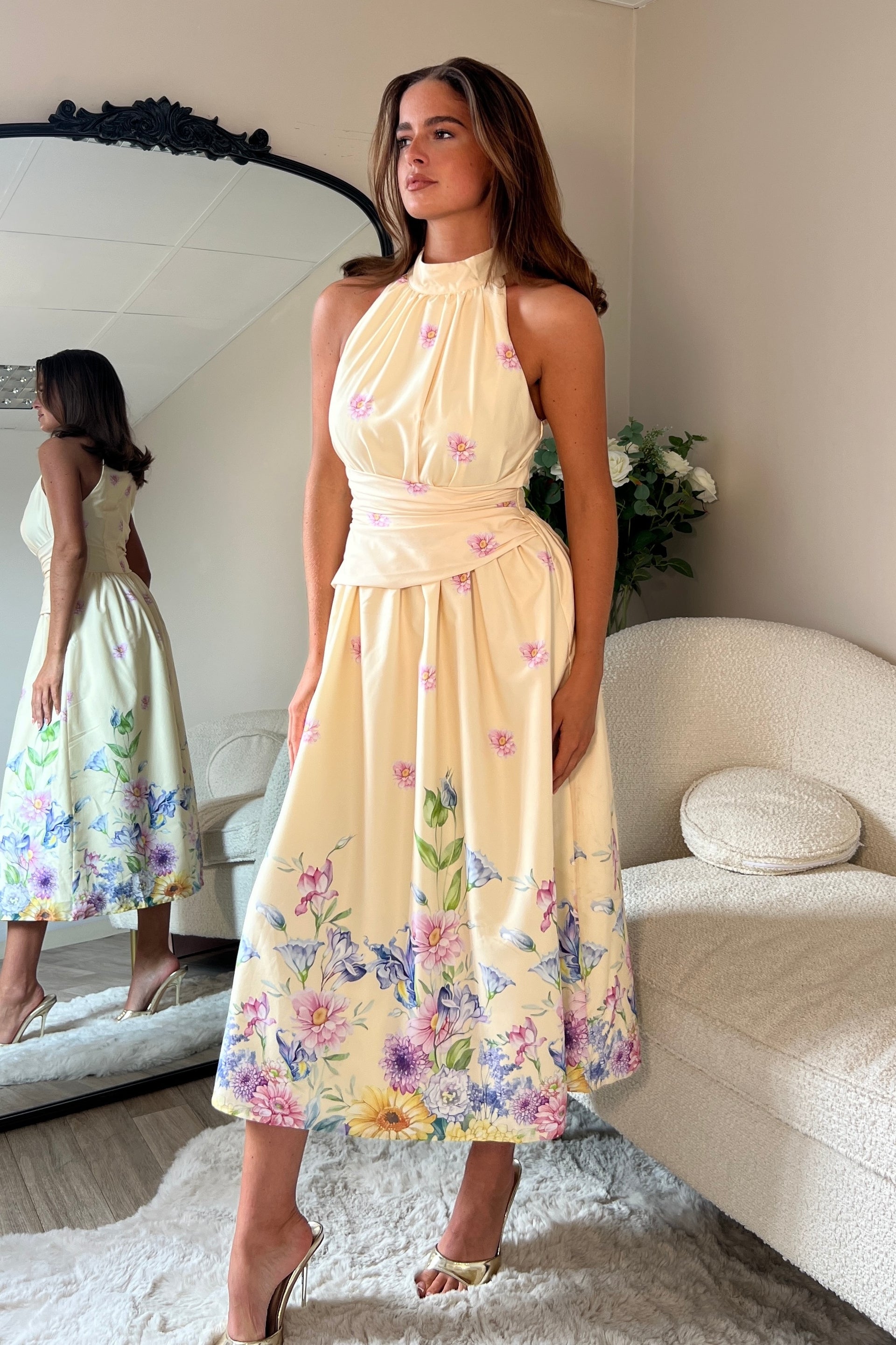 Maggie Wrap Waist Halterneck Midi Dress Yellow Floral Girl In Mind Maggie Wrap Waist Halterneck Midi Dress Yellow Floral Girl In Mind