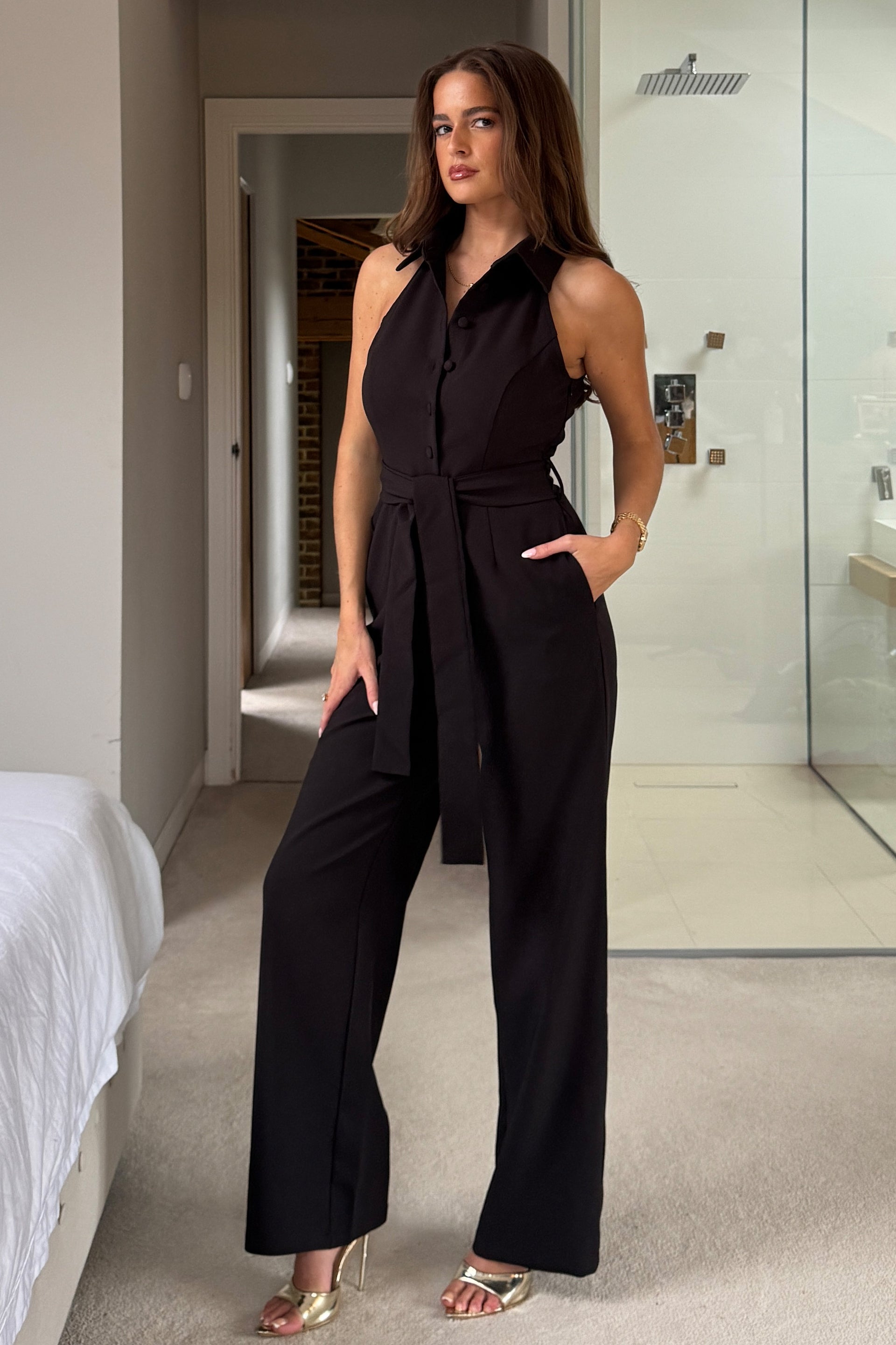 Lynsey Stretch Sleeveless Wide leg Jumpsuit Black
