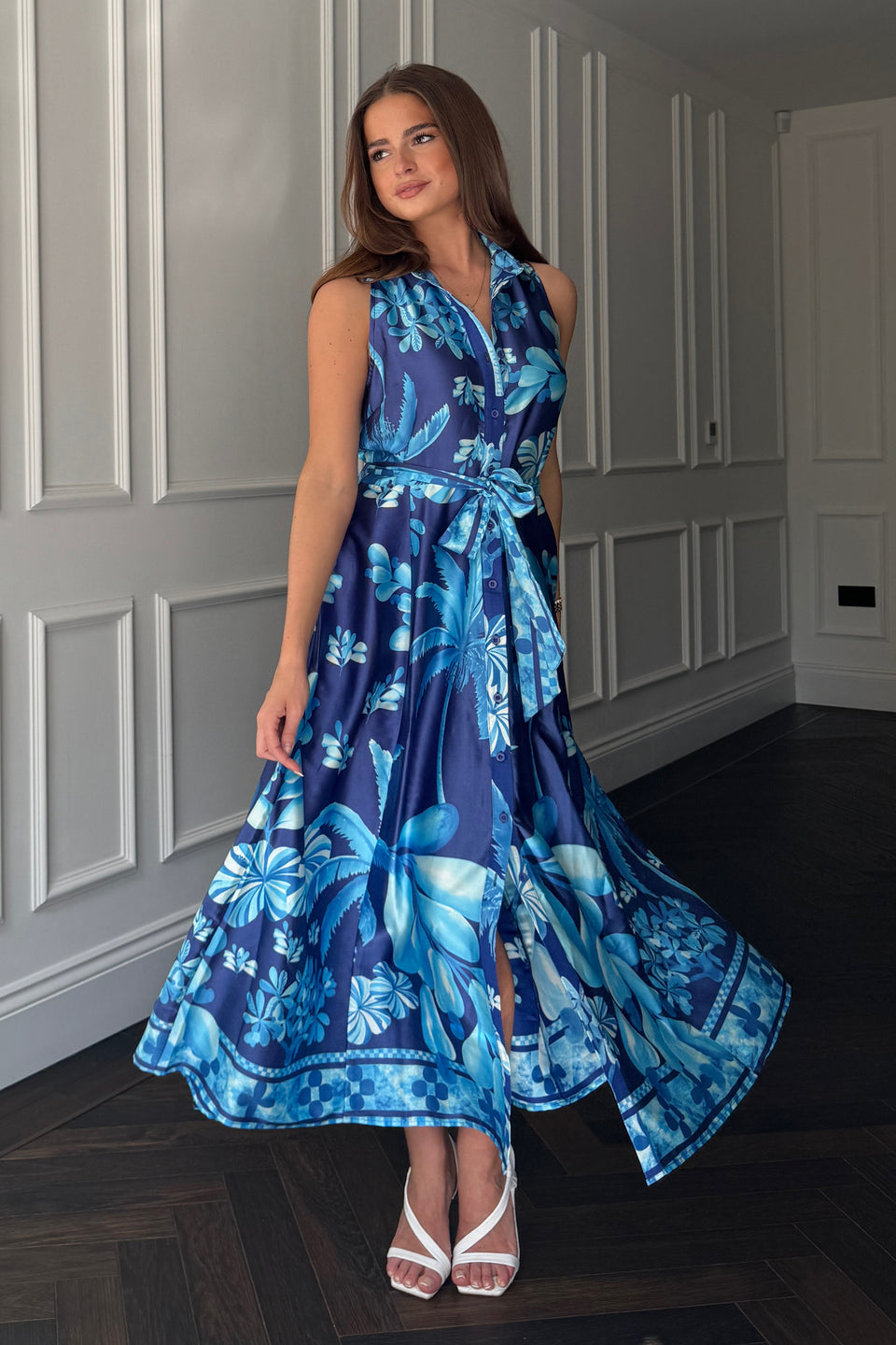 Rhia Sleeveless Blue Border Print Shirt Maxi Dress