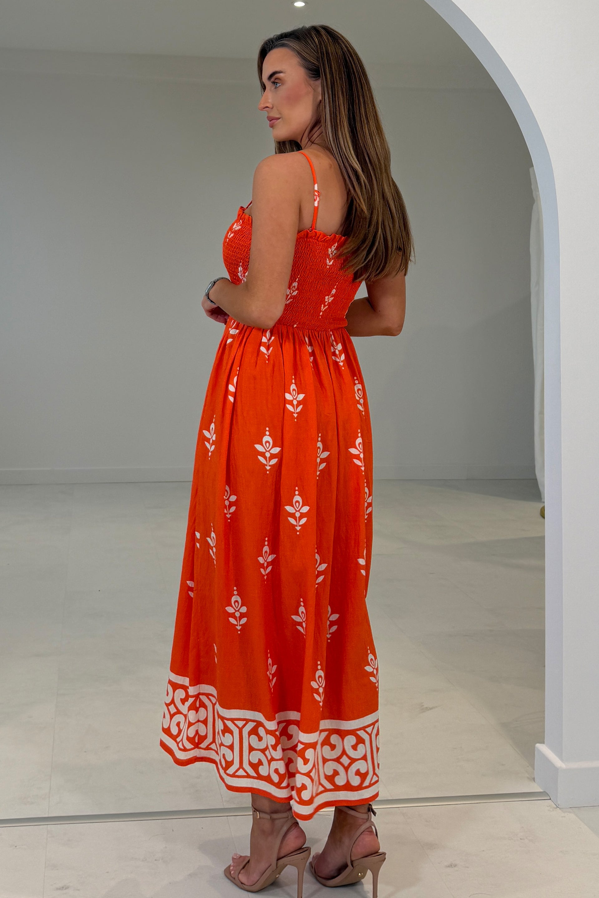Abby Orange Border Print Maxi Dress