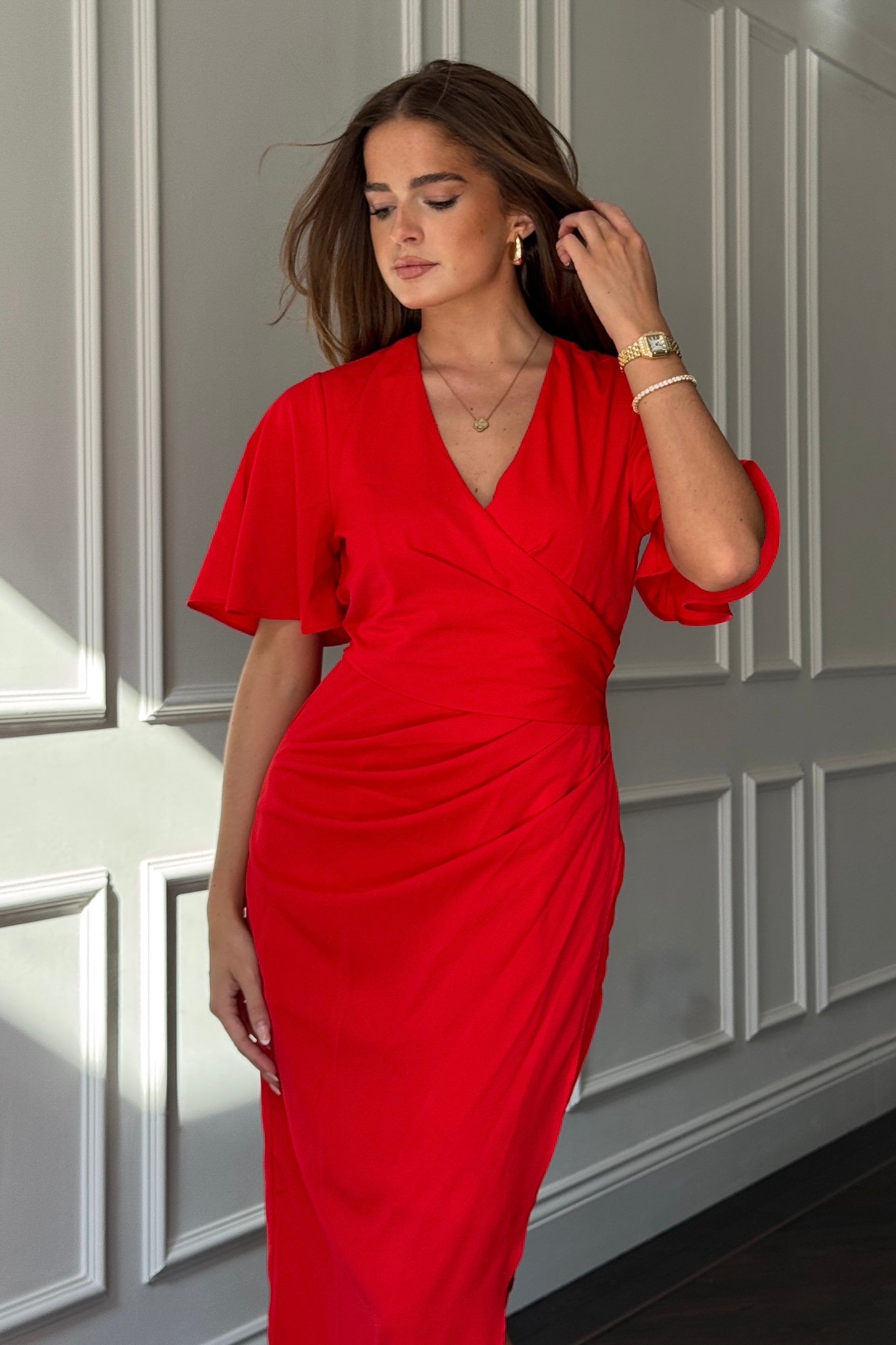 red angel sleeve dress Natasha Angel Sleeve Wrap Midi Dress In Red Girl In Mind