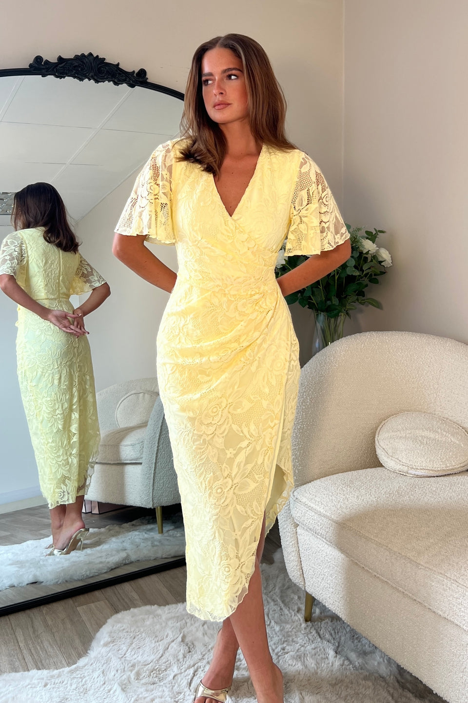 Natasha Angel Sleeve Wrap Midi Dress In Yellow Lace