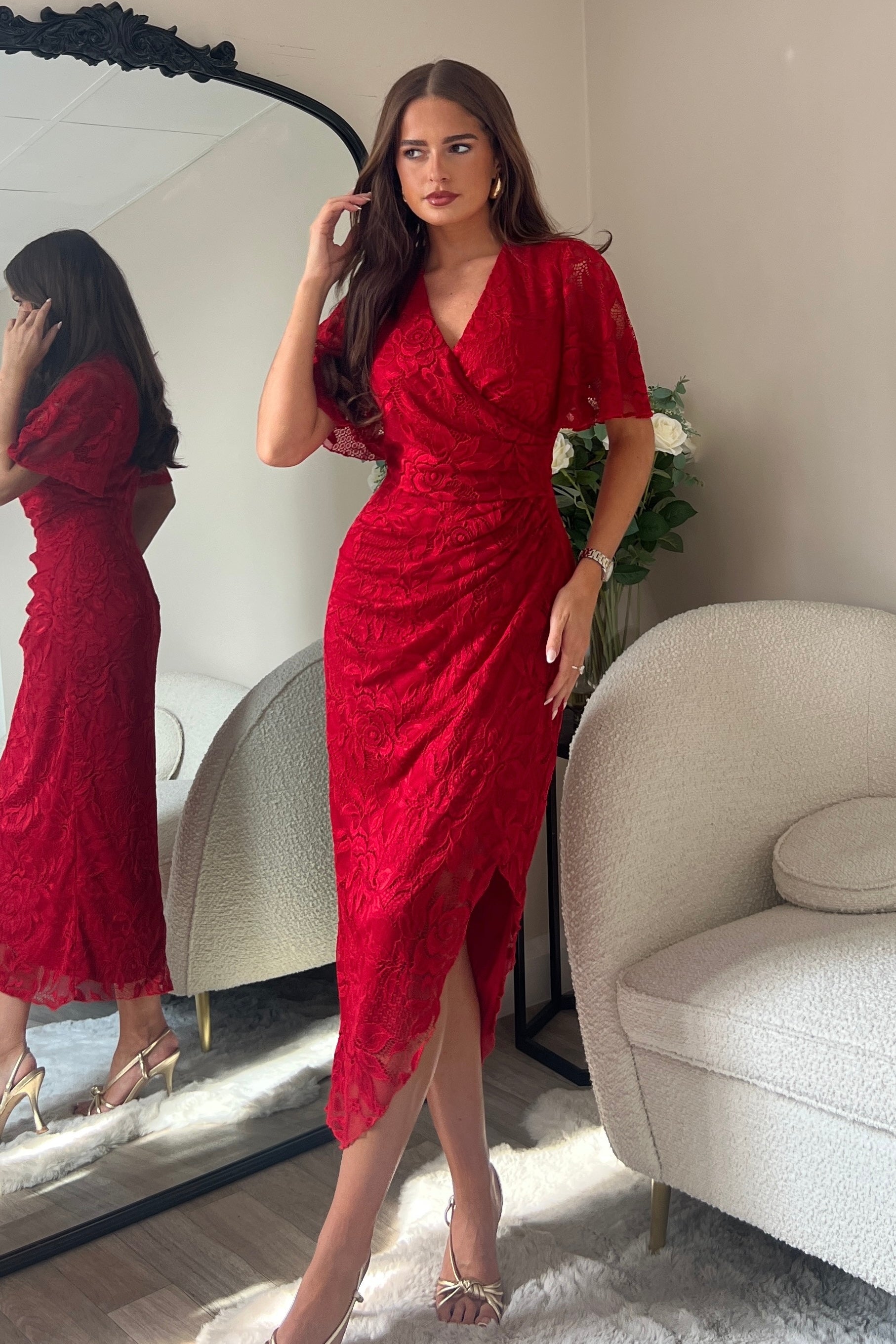 Natasha Angel Sleeve Wrap Midi Dress In Red Lace Girl In Mind Natasha Angel Sleeve Wrap Midi Dress In Red Lace Girl In Mind