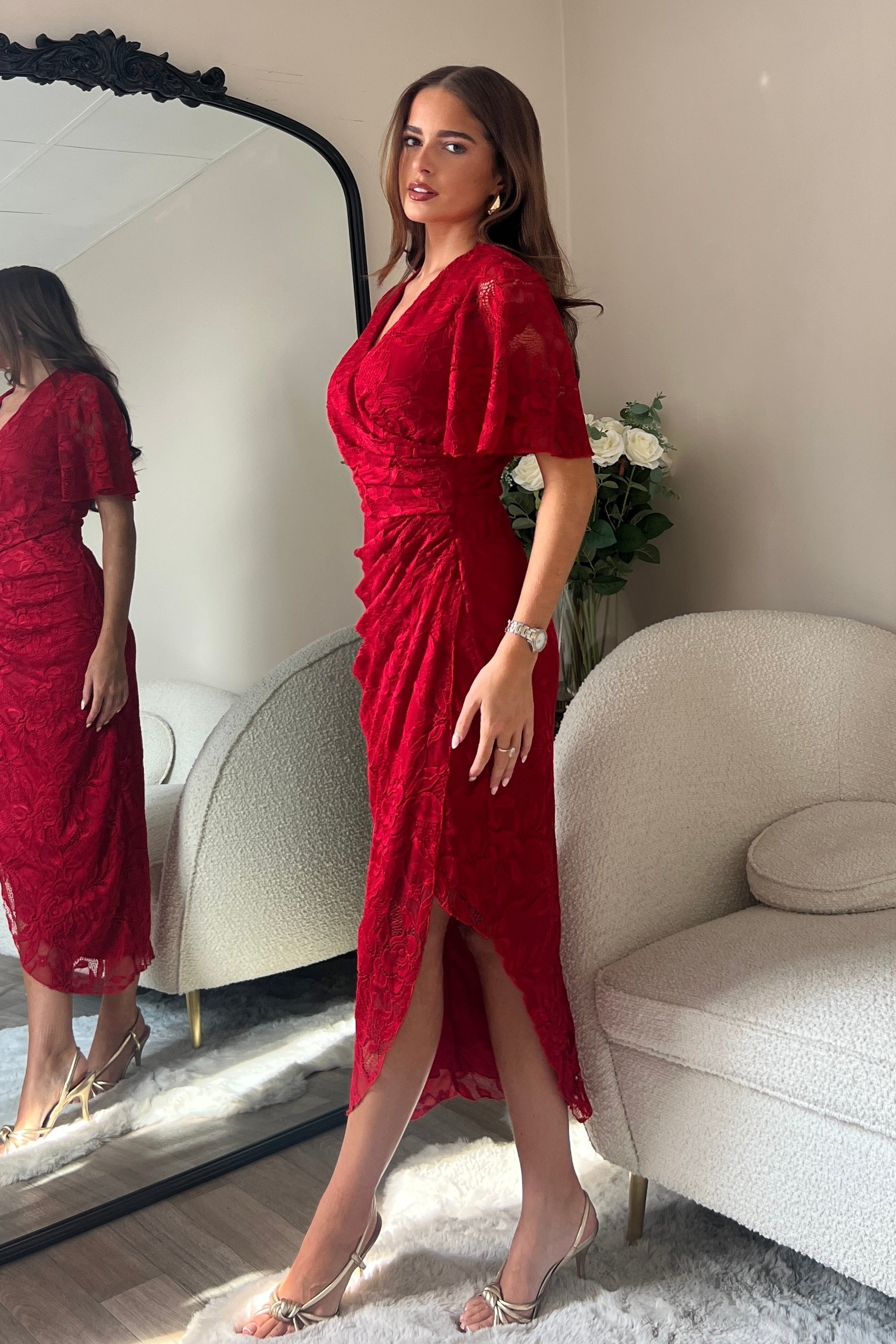 Natasha Angel Sleeve Wrap Midi Dress In Red Lace