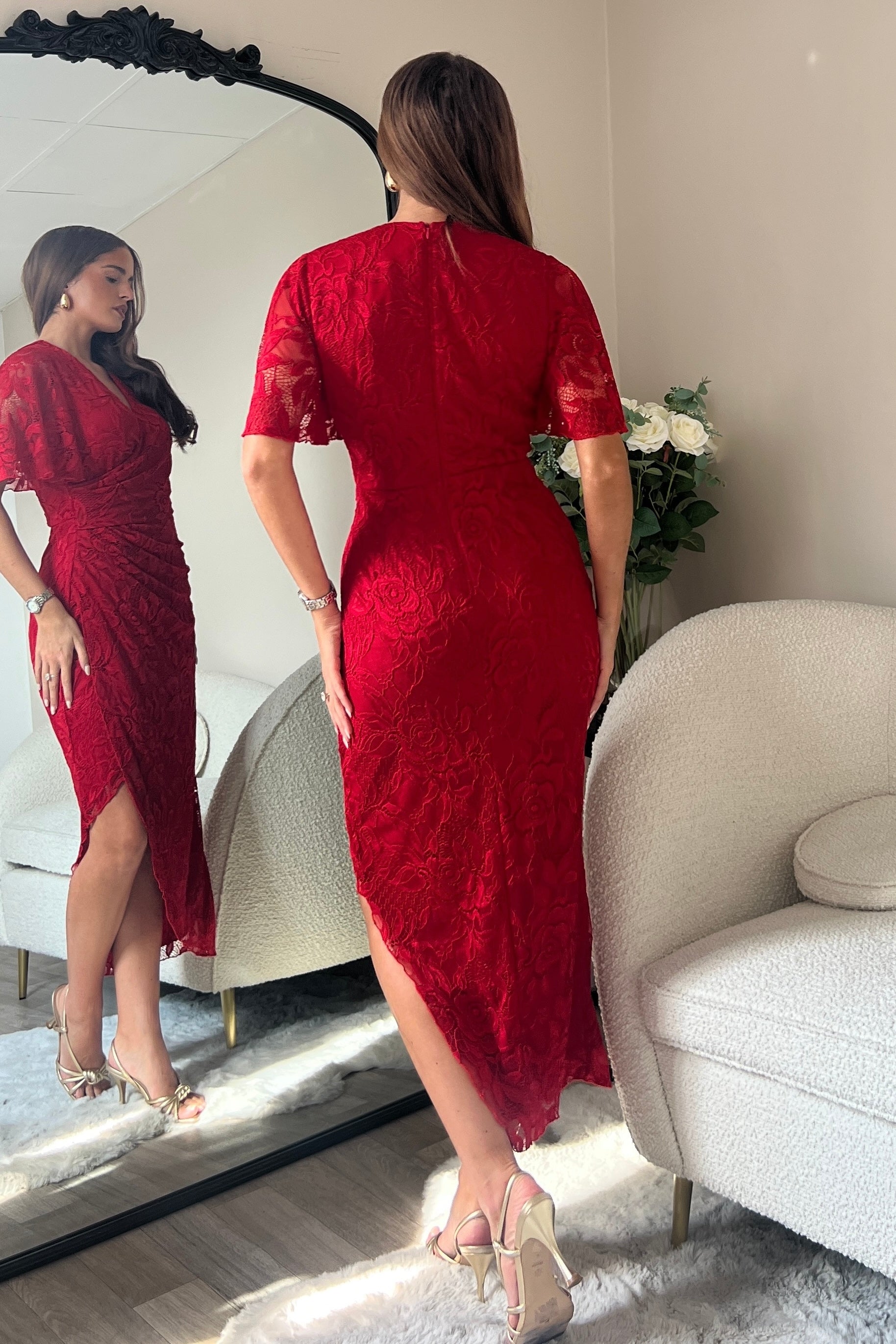 Natasha Angel Sleeve Wrap Midi Dress In Red Lace