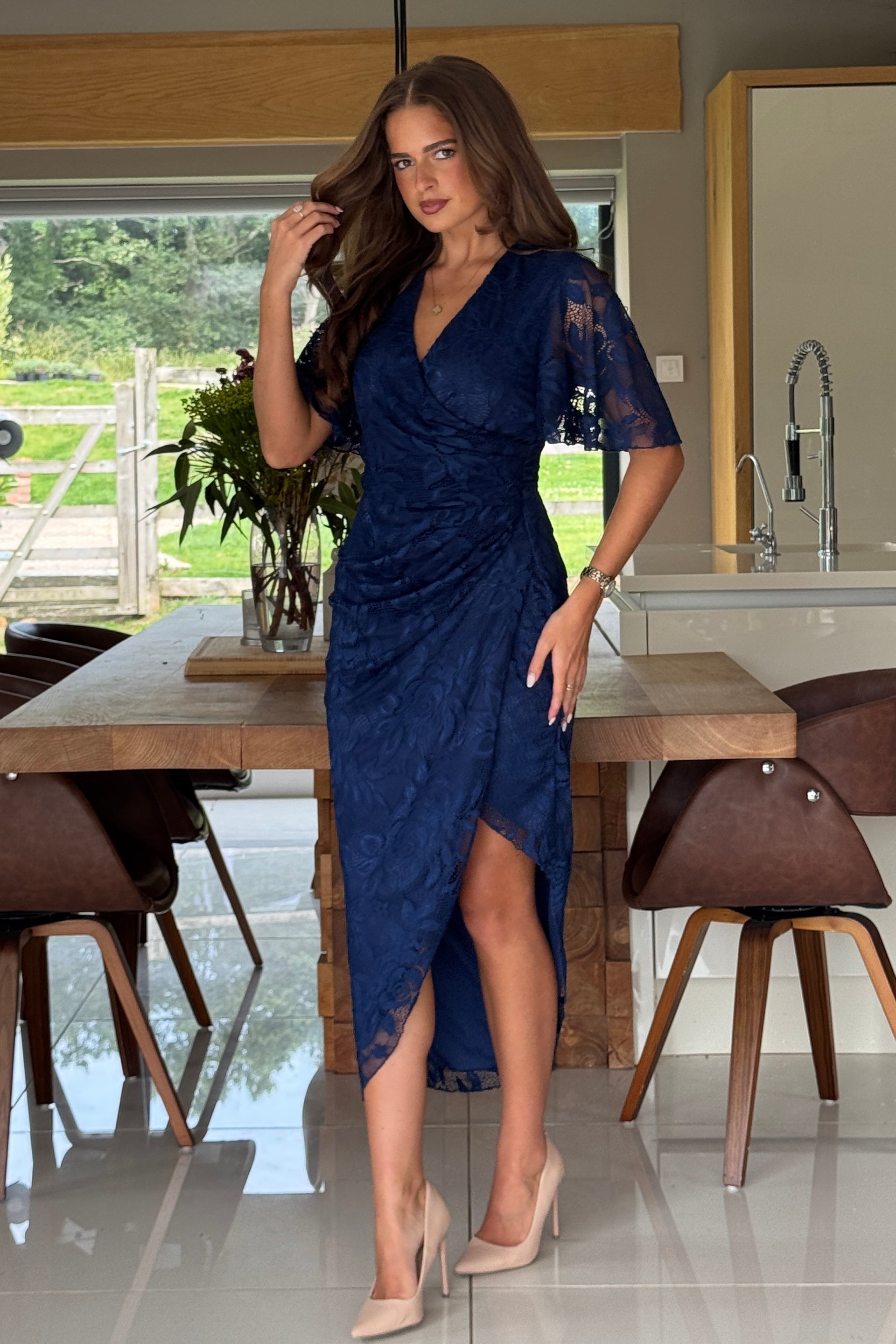 PANORMO⭐︎ LACE SLEEVE DRESS ネイビー Romantic Lace High