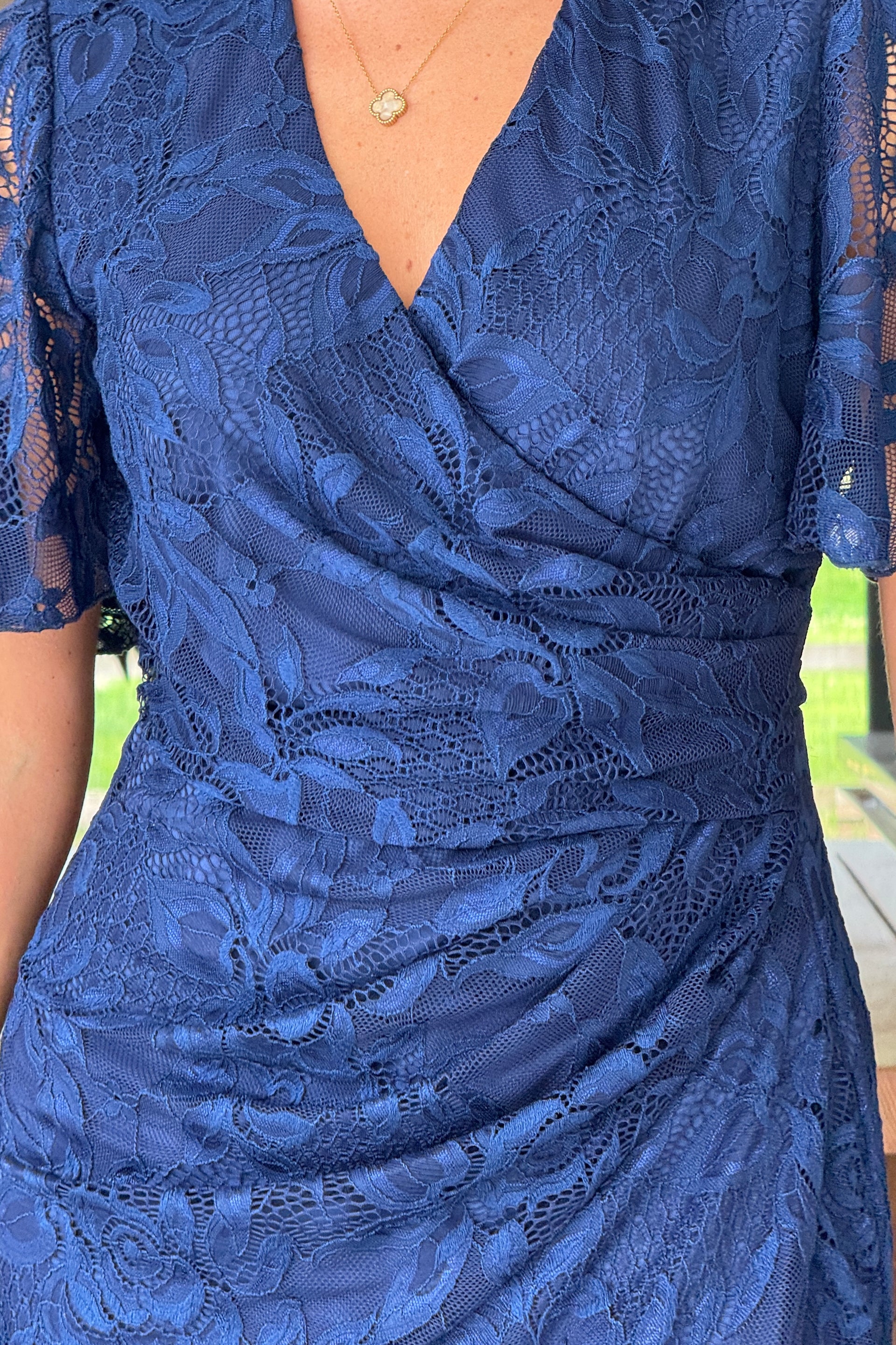 Natasha Angel Sleeve Wrap Midi Dress In Navy Lace