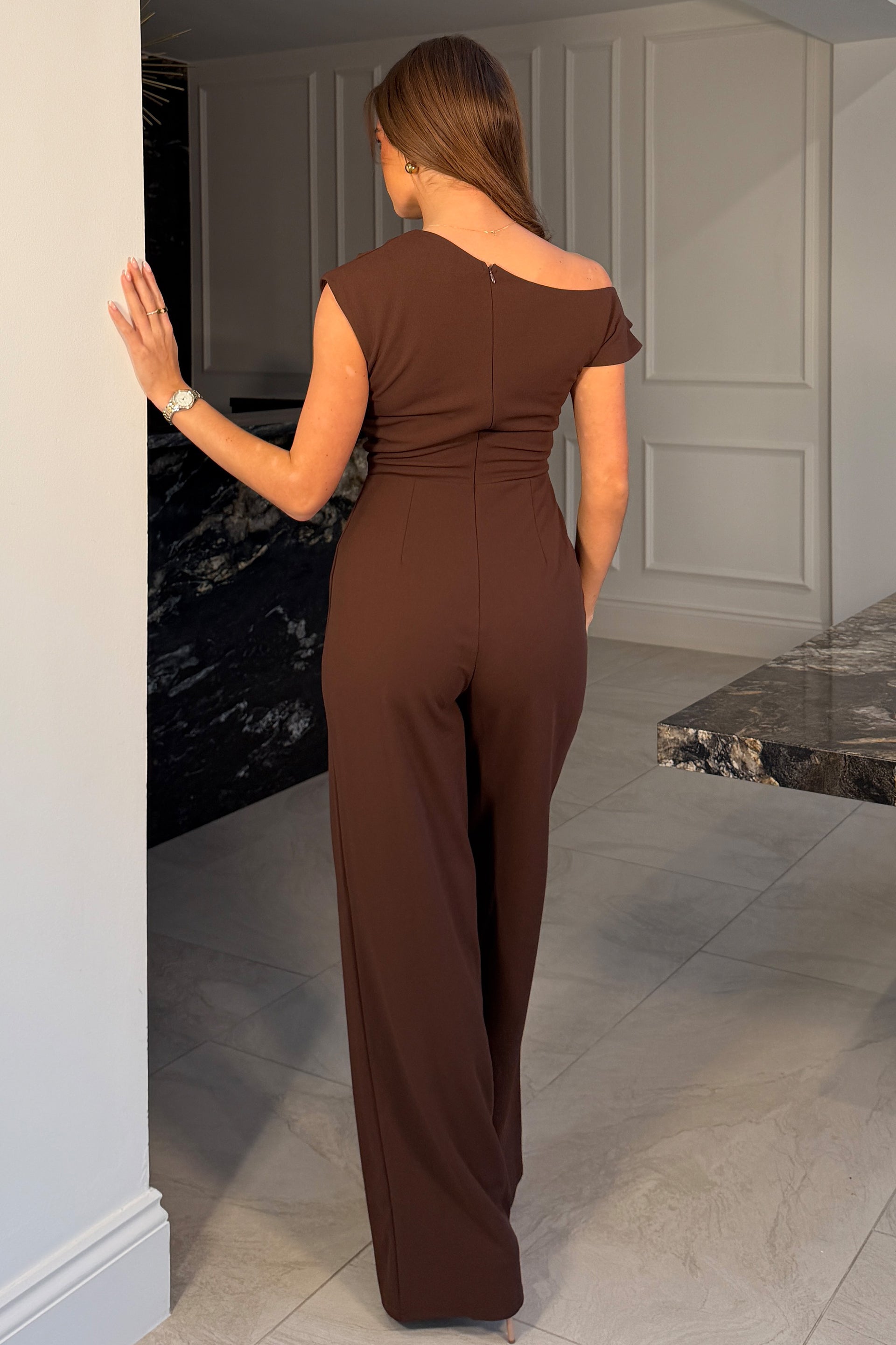 Donna Asymmetric Neckline Jumpsuit  Brown