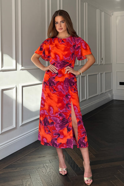 angels in america midi dress rust Britney Orange Floral Angel Sleeve Midi Dress – Girl In Mind