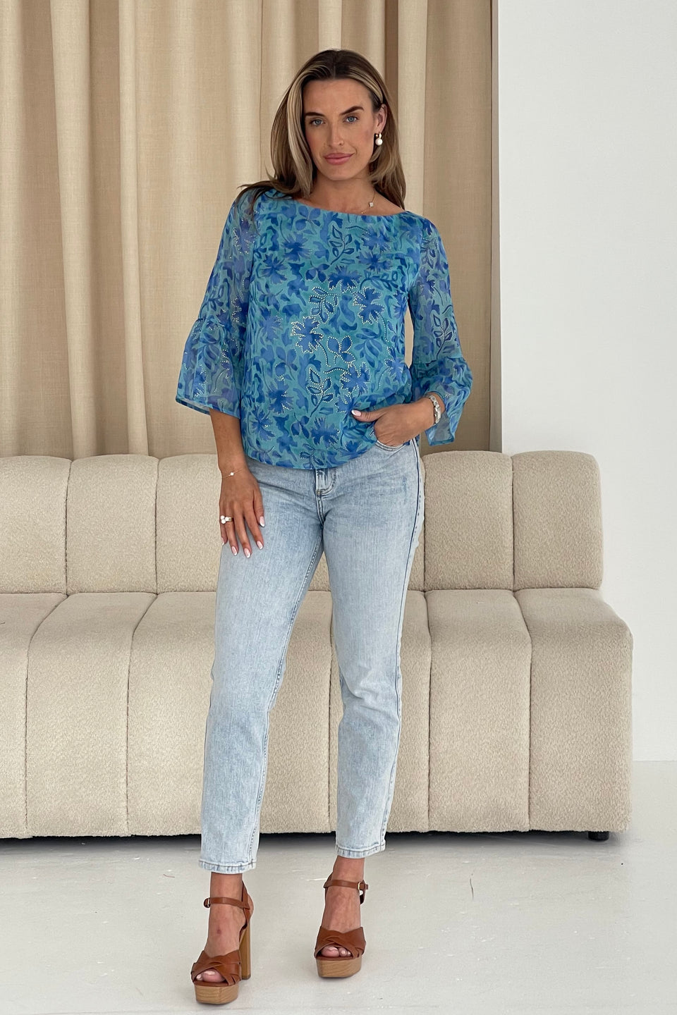 Deborah Frill Sleeve Round Neck Blouse Blue
